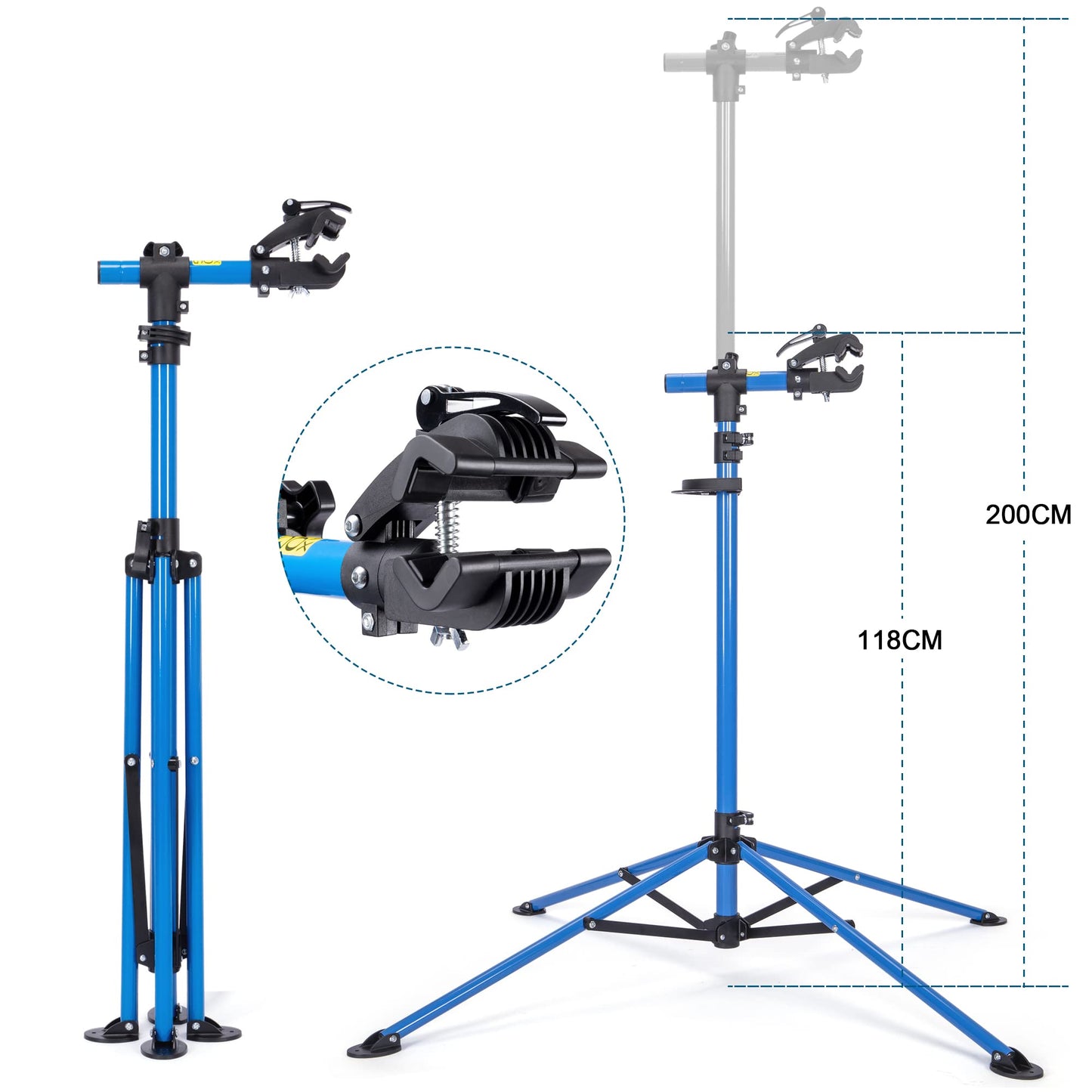 CXWXC Support de montage de vélo réglable en hauteur rotatif à 360° avec grand plateau à outils robuste pour VTT, jusqu'à 30 kg (bleu)