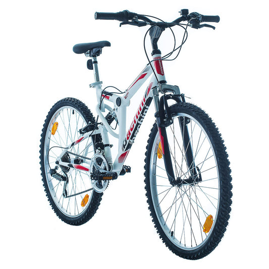 Multibrand Distribution Probike Extreme 26 Pouces VTT Tout Suspendu 18 Vitesses, vélo Homme et vélo Femme, Convient de 155-180 cm (Blanc Rouge Mat)