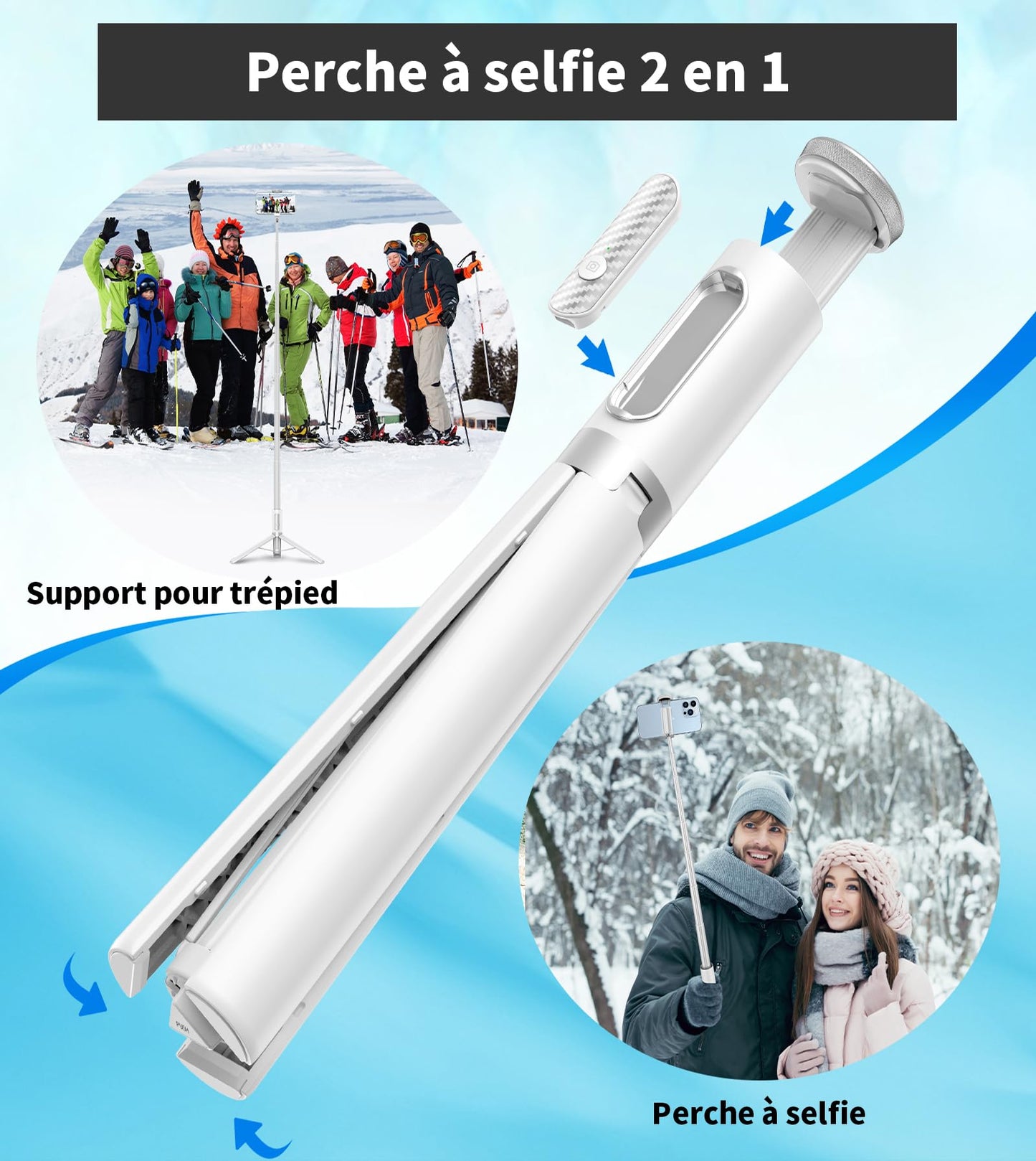 TONEOF 170CM Trépied Voyage, Tout-en-1 Perche Selfie Trépied avec Télécommande sans Fil, Extensible,Portable, Support Téléphone Rotatif pour iPhone/Samsung-Blanc