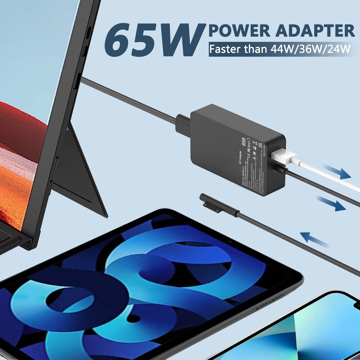 Chargeur 65W, Compatible avec Surface Pro X/8/7/6/5/4/3, Surface Go 2/3, Surface Laptop,Surface Book,Surface Notebook/Tablette avec Port USB