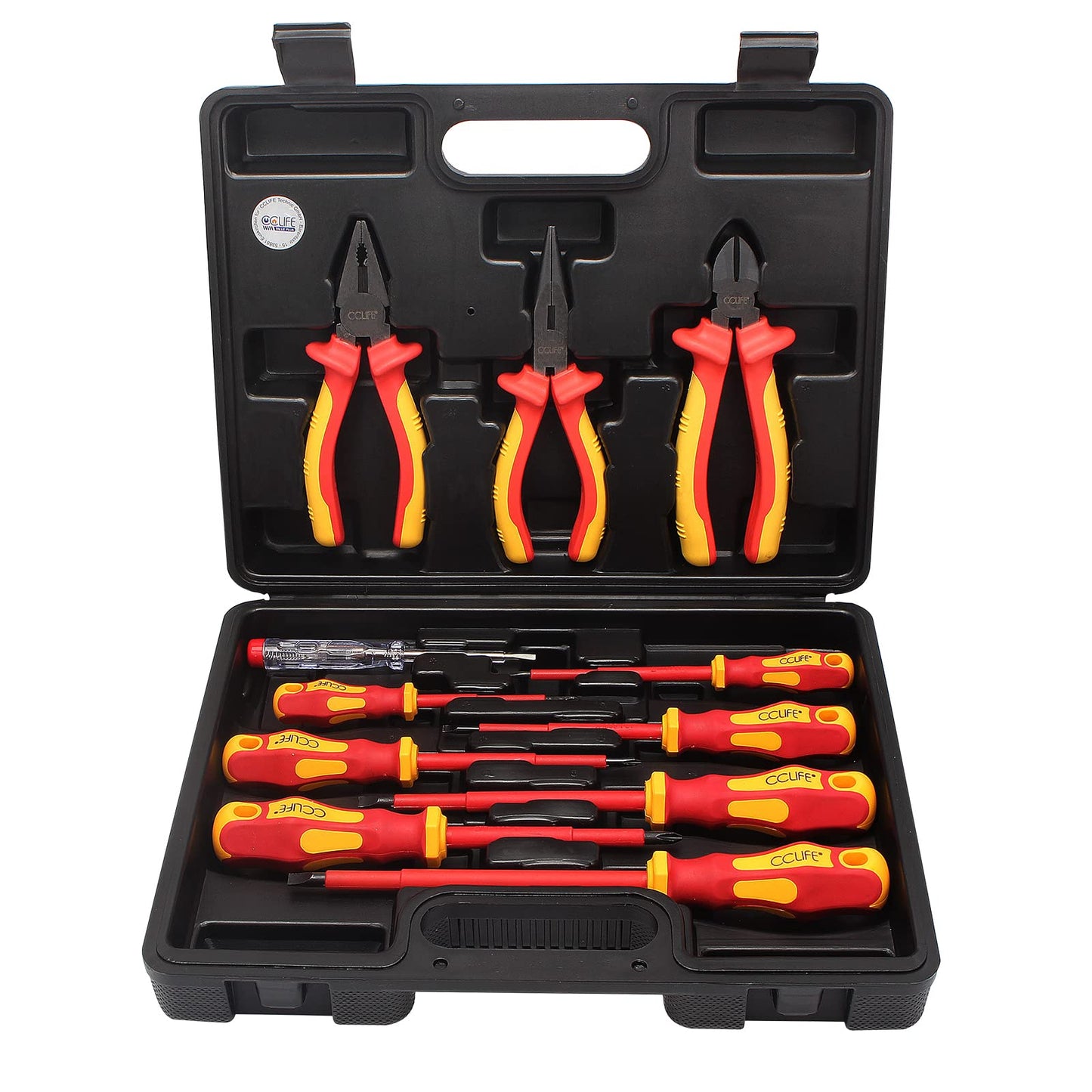 CCLIFE Jeu de 11pcs VDE Tournevis et Pinces outils électricien isolé 1000V avec testeur de tension, Coffret tournevis tête plats et PH cruciformes, Poignée en caoutchouc antidérapante