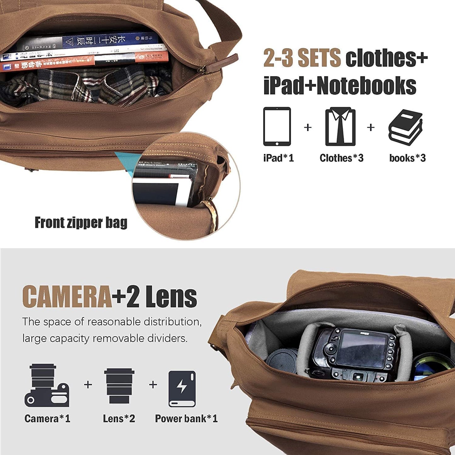 Cwatcun Sac Photo en Toile pour Appareil Photo, Sac Photo pour SLR, SLR/DSLR, Appareil Photo Compact, Appareil Photo Système et Accessoires avec étui Amovible, Café, L