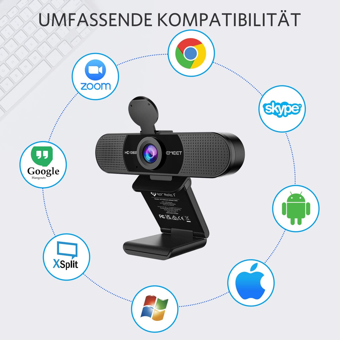 eMeet Webcam 1080P- Webcam C960 Full HD avec Double Microphone, Paramètres réglables, Grand Angle 90 ° avec Correction Automatique, Plug & Play, caméra de Streaming pour Linux, Win10, Mac, Youtube