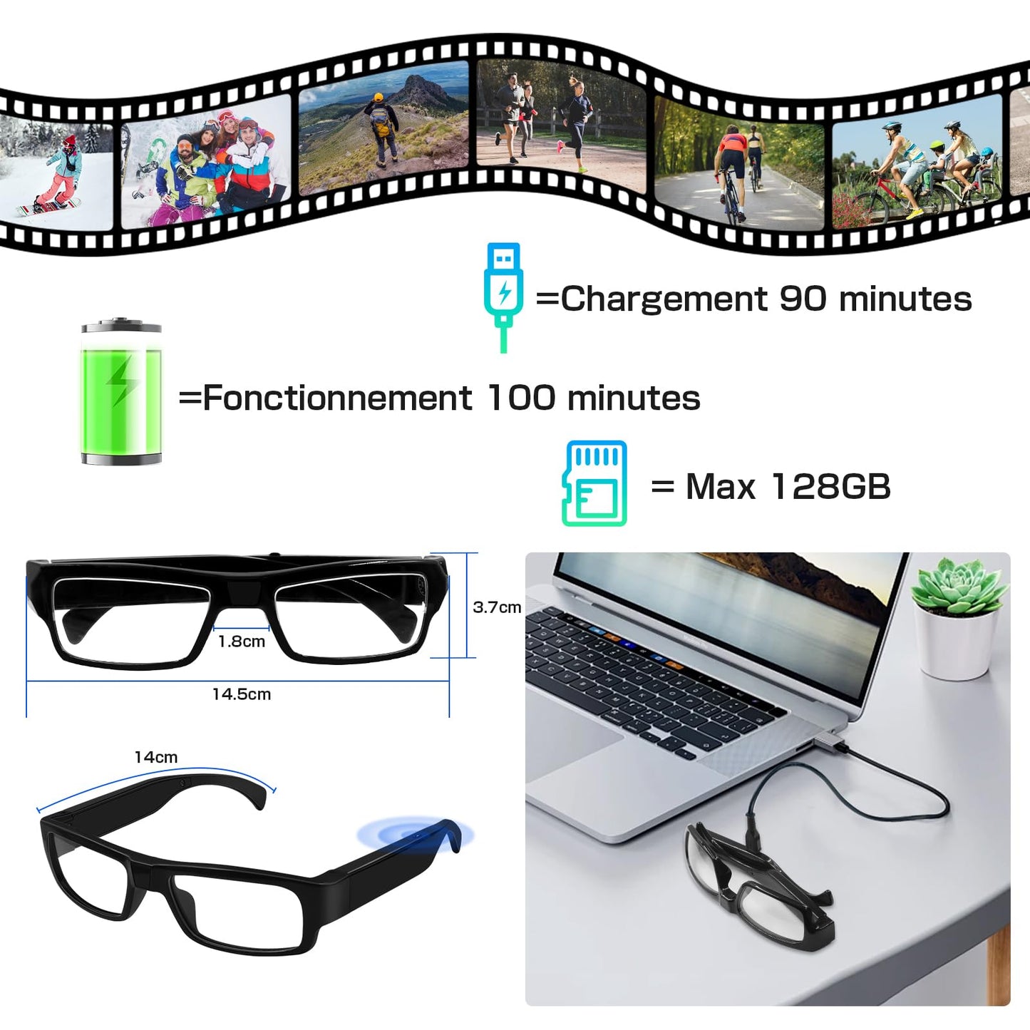 Tebetu Lunettes Caméra Espionne HD 1080P, Caméra Cachée Lunettes avec Enregistrement, Mini Camera Lunettes de Sport Con registrazione in Loop pour Intérieure/Extérieure, etc.