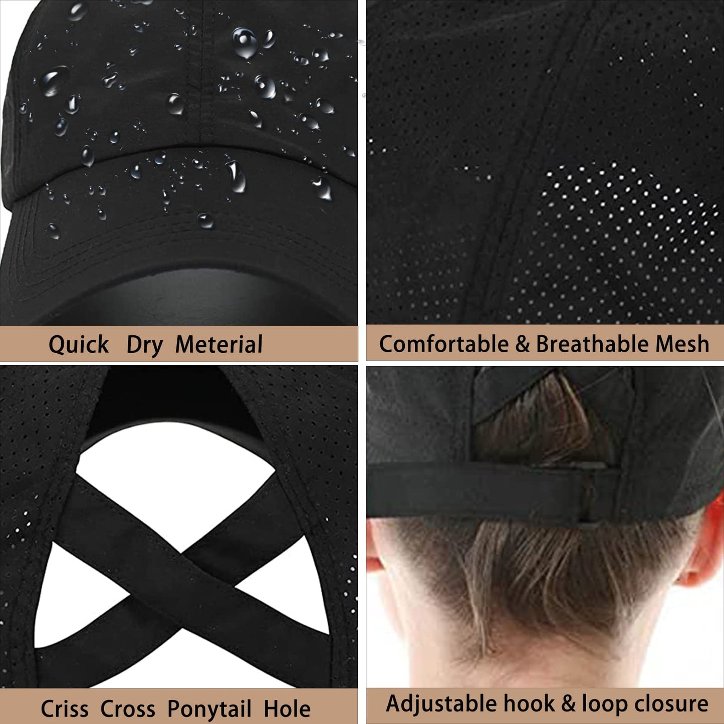 Queue de Cheval Casquette de Baseball, Léger Réglable Séchage Rapide Respirante Anti-Soleil UV, Unisexe Couleur Messy Casquette Cross Hat (Noir)