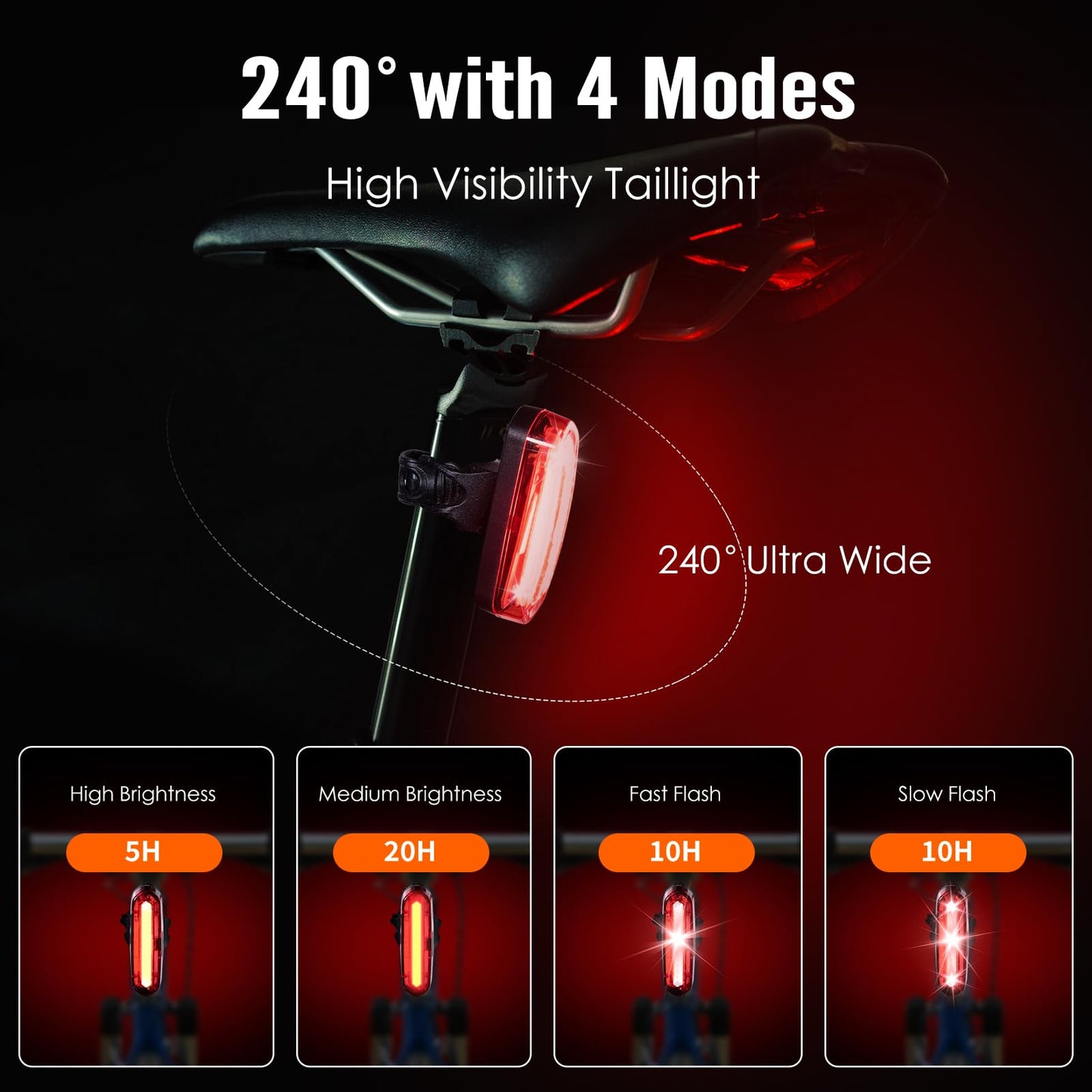 Tellegante Lampe Velo 6 LED Puissantes Lumiere Velo Horizontal Eclairage Ultra-Large à 180°, Lumière Vélo Avant et Arrière Rechargeable USB 4000mAh, 5 Modes & Étanche pour VTT Course Cycliste