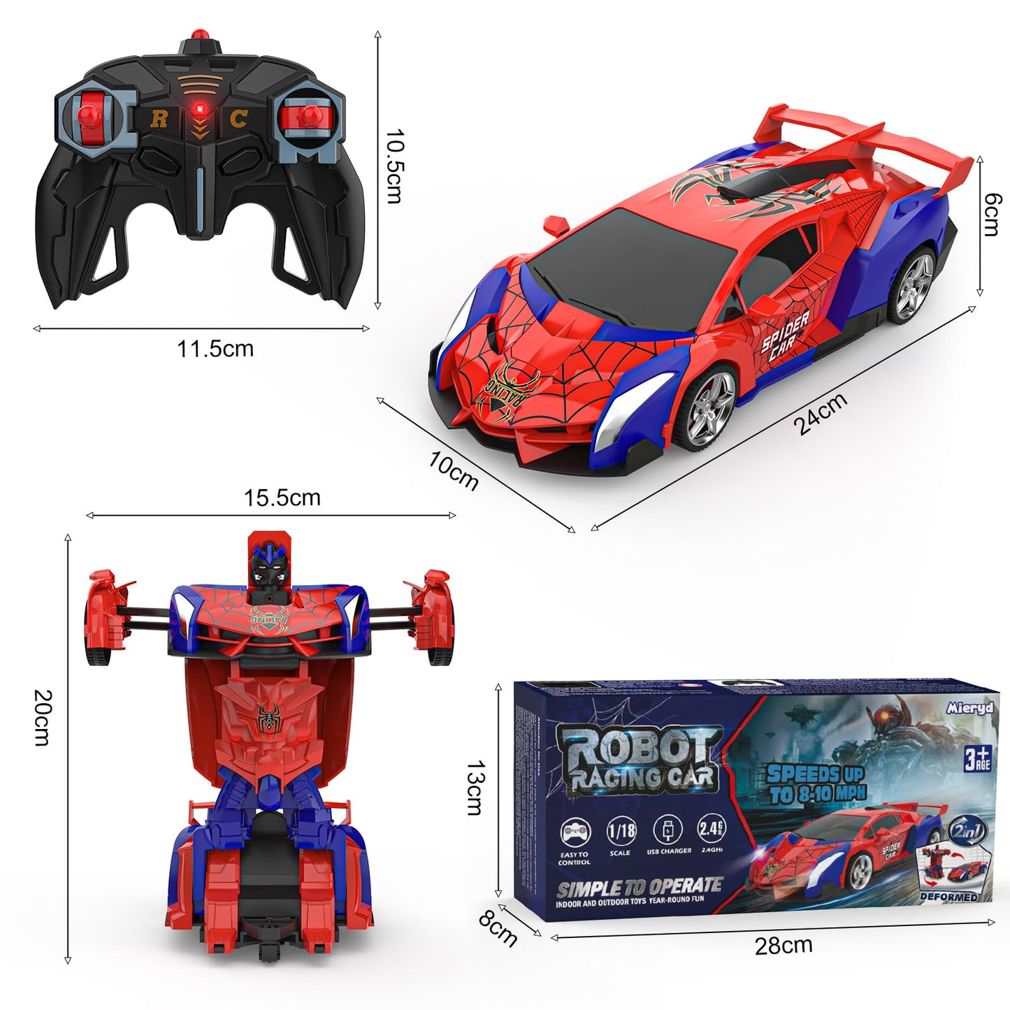 Voiture Télécommandée Spider Jouet Enfant 3 4 5 6 7 8 9+ Ans, 2 en 1 Transformable Radiocommande Voiture RC Robots, 360°Rotation Voiture de Course Jeux Extérieur Fille Garcon Cadeau Anniversaire Noël