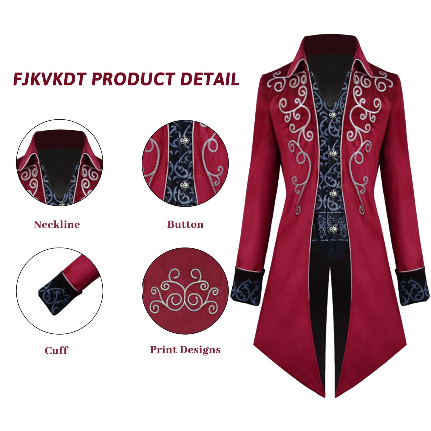 FJKVKDT Veste médiévale steampunk pour homme avec queue-de-more, victorien, Renaissance, gothique, rétro, Halloween, cosplay, costume de gentleman pour adulte, Rouge, M