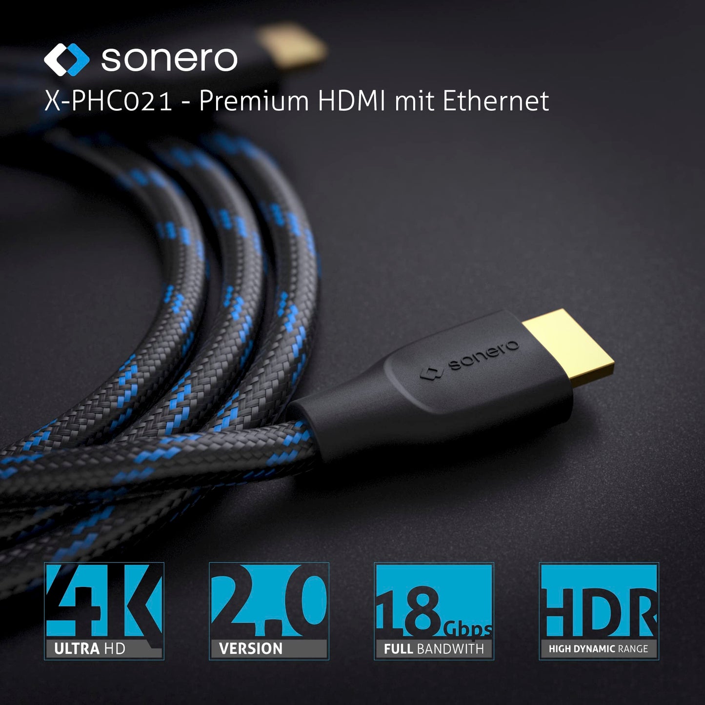 Sonero® câble Premium High Speed Mini HDMI vers HDMI 4K, fiche Mini HDMI C vers fiche HDMI A, contacts plaqués Or, double blindage, gaine textile, 3.00m