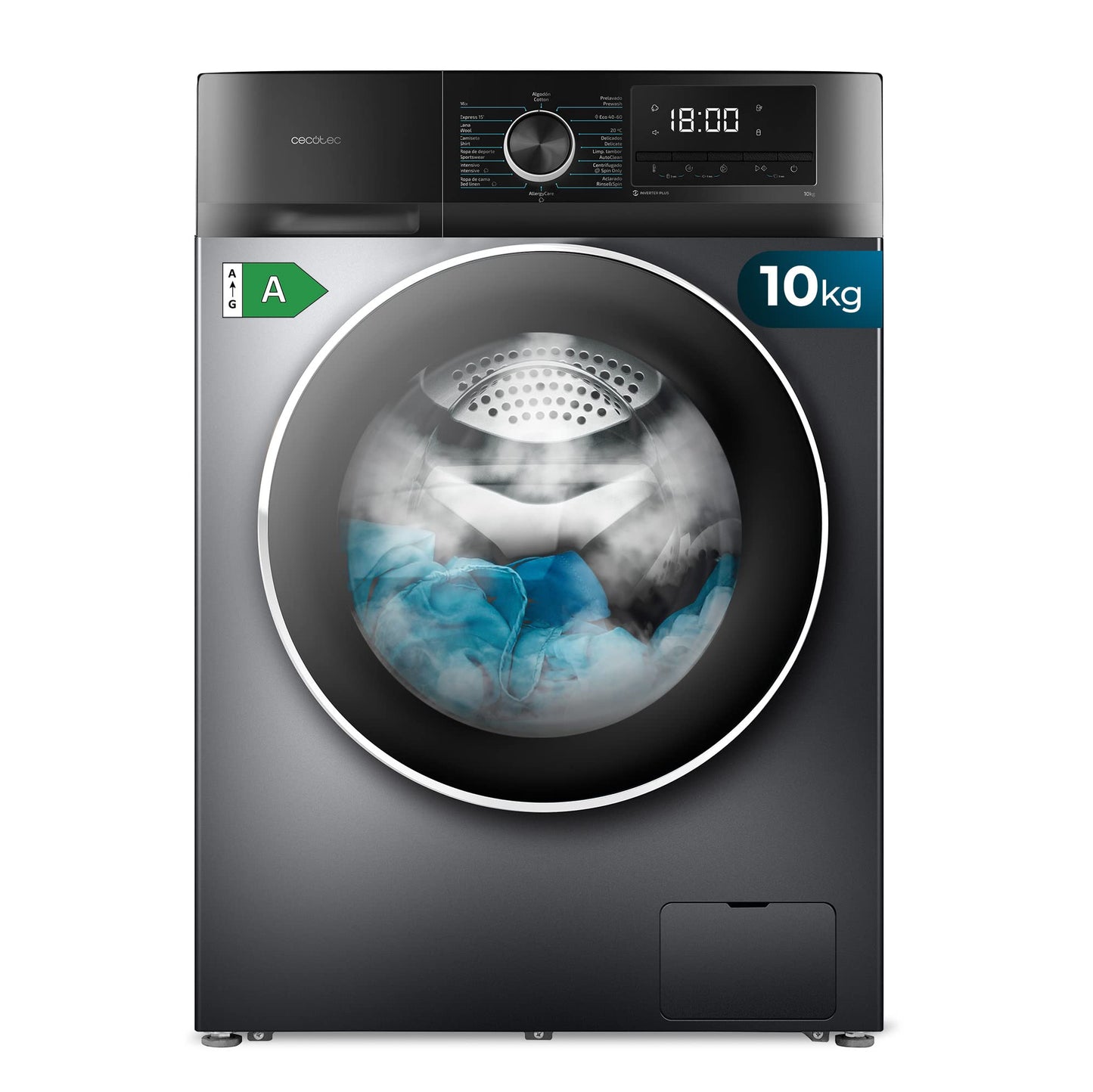 Cecotec Bolero Dresscode 10500 Inverter Steel A. Lave-linge 10 kg Steel, 1400 tr/min, Moteur Inverter Plus, Vapeur, Classe A.