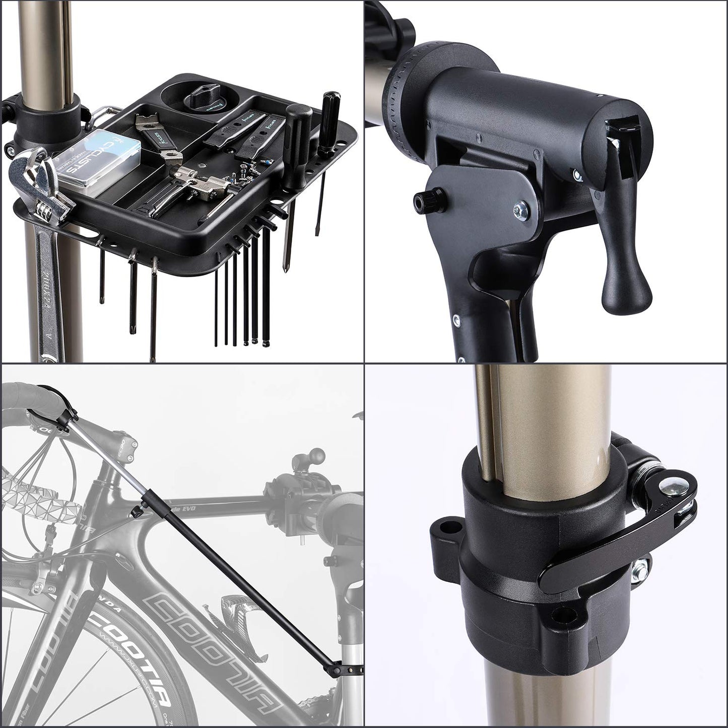 CXWXC Support de réparation de vélo, Pieds d’Atelier, en Aluminium, avec Plateau à Outils magnétique, Réglable, Léger, Portatif, pour Entretien et Réparation Bicyclette Champagne (Champagne)