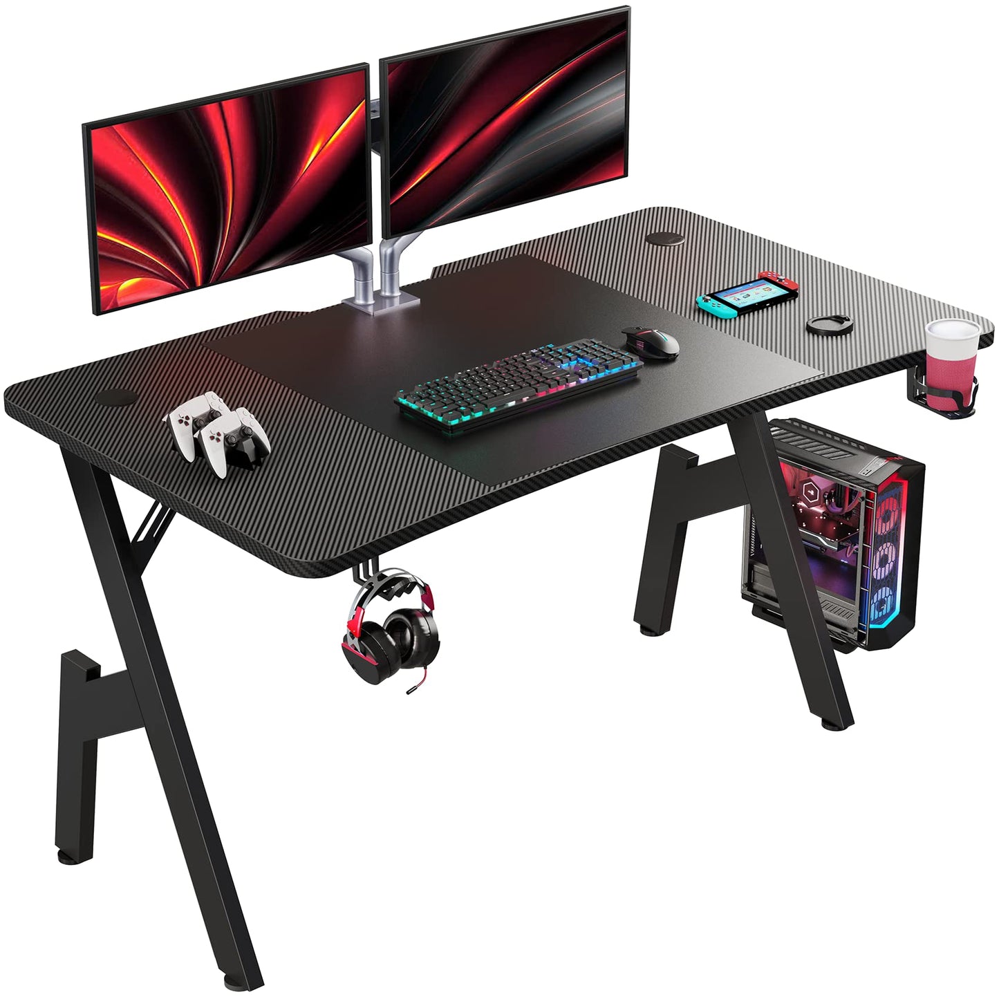 HLFURNIEU 120 x 60 cm Bureau Gaming, Bureau Gamer Informatique Ergonomique, Table Gaming en Fibre de Carbone, Gaming Desk avec Porte Gobelet et Crochet pour Casque, Noir