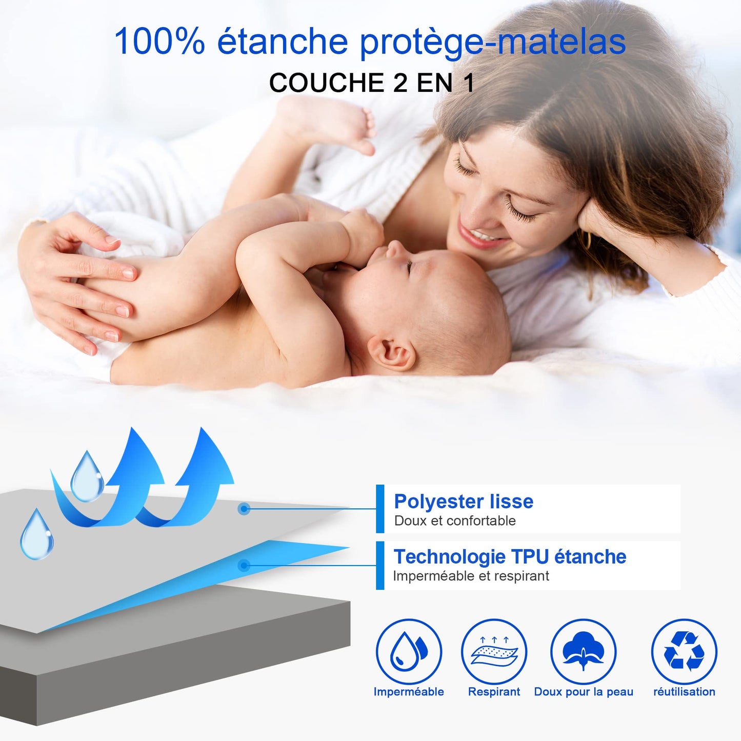 Protège Matelas imperméable 160x200cm, Premium Respirant Housse Matelas, Protège Matelas Bruit Housses, Imperméable Drap Housse (Gris)