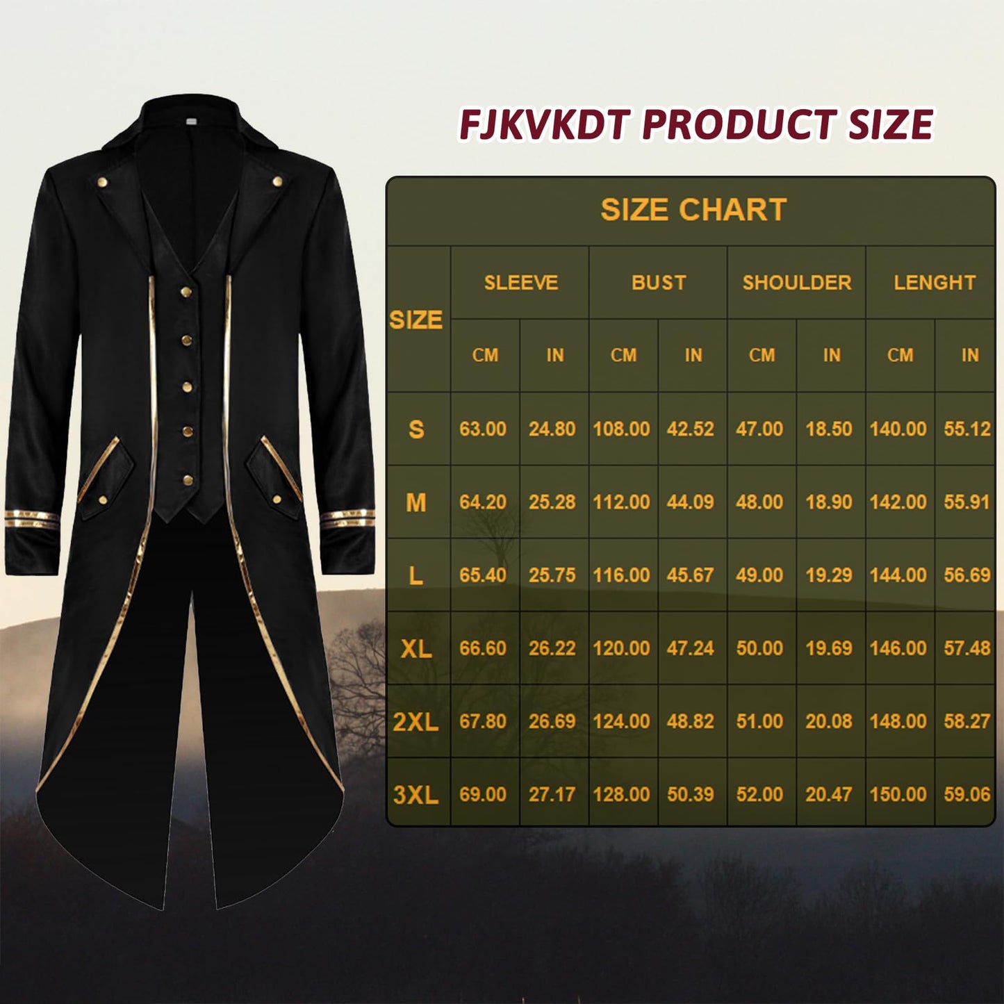 FJKVKDT Manteau médiéval vintage pour homme - Style rétro gothique victorien - Costume d'Halloween, Noir , XXL