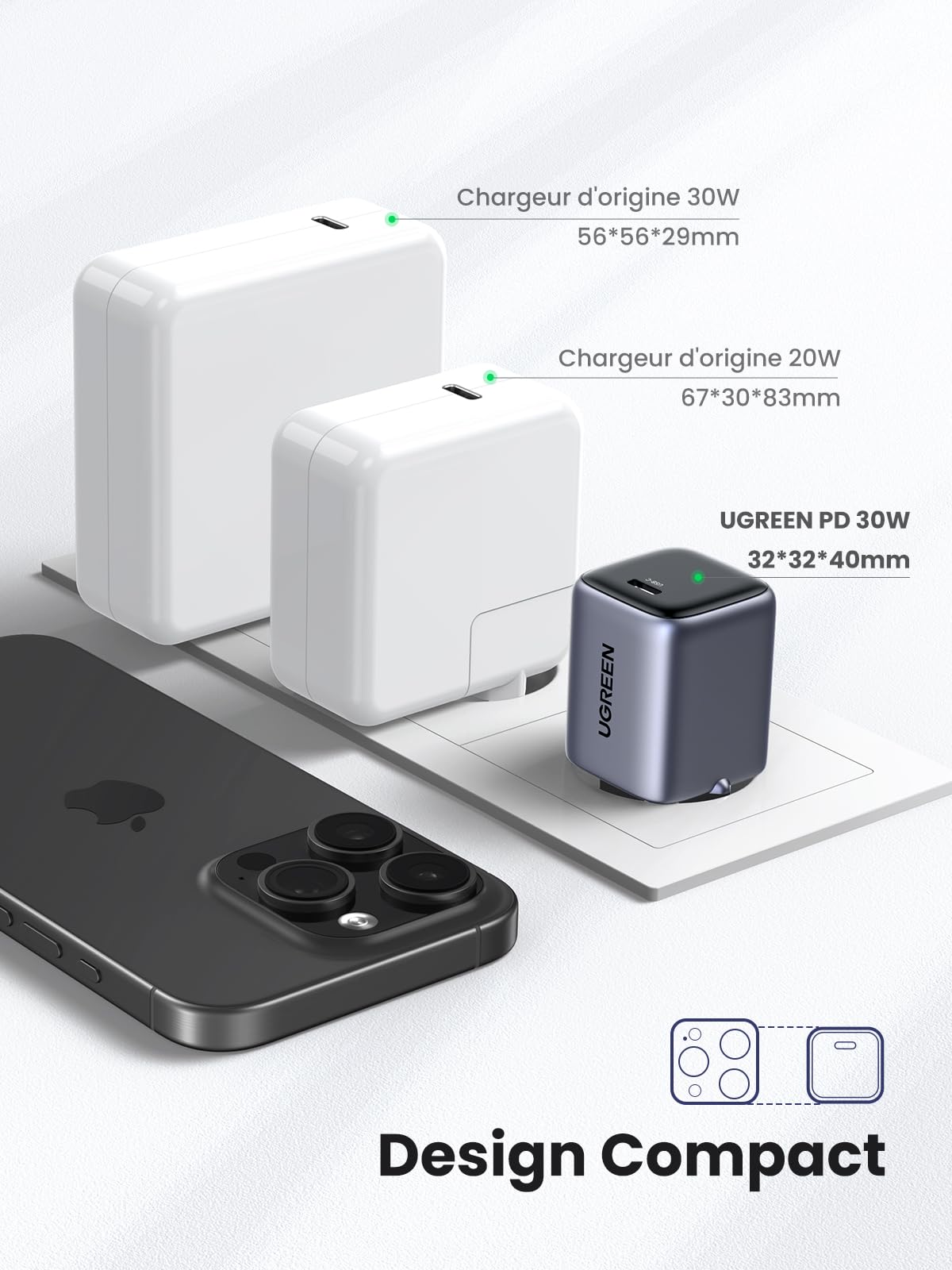 UGREEN Nexode 30W Chargeur USB C Rapide avec GaN Tech Compatible avec iPhone 16 Plus Pro Max 15 14 13 12 11 Pixel 9 8 7a 6a Galaxy S24 Plus Ultra S23 A15 A05s MacBook Air iPad Pro Air Mini (Gris)