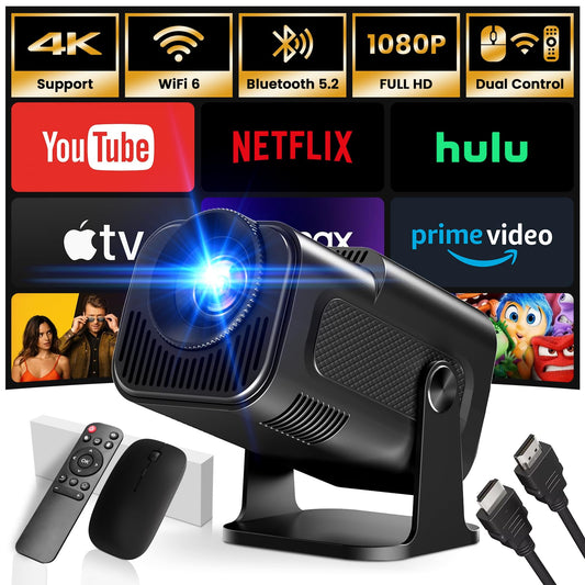 [App intégrée] 2025 Upgraded Vidéoprojecteur 1920 * 1080P FHD 4K Mini Projecteur Portable Dual Contrôle avec Souris Android TV WiFi 6 BT5.2 180° Rotation HDMI/TV Stick/USB/PS5, avec HDMI et Souris