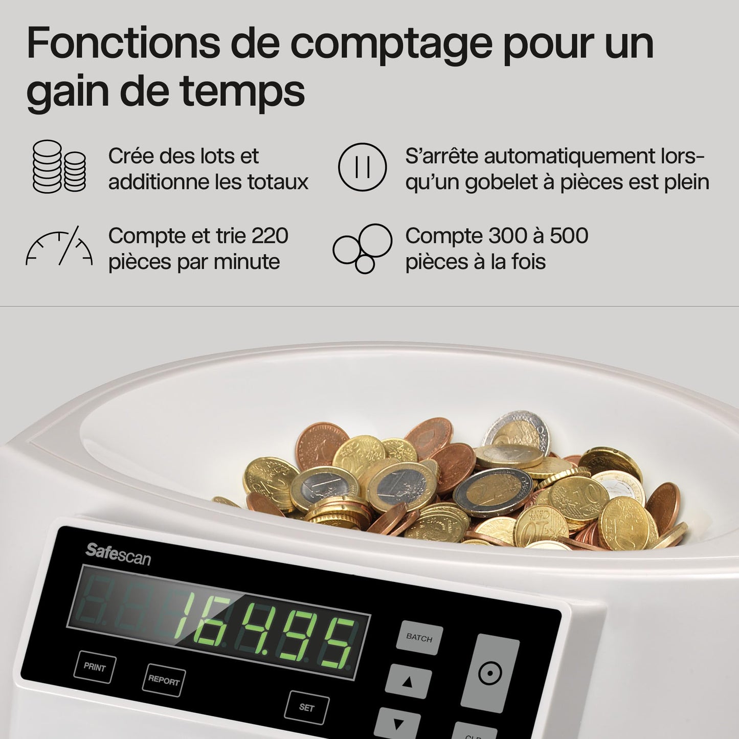 Safescan 1250 EUR compteuse de monnaie qui compte et trie rapidement les pièces en euros mélangées-Trieuse monnaie qui trie les pièces par dénomination - Monnayeur pour un comptage continu des pièces