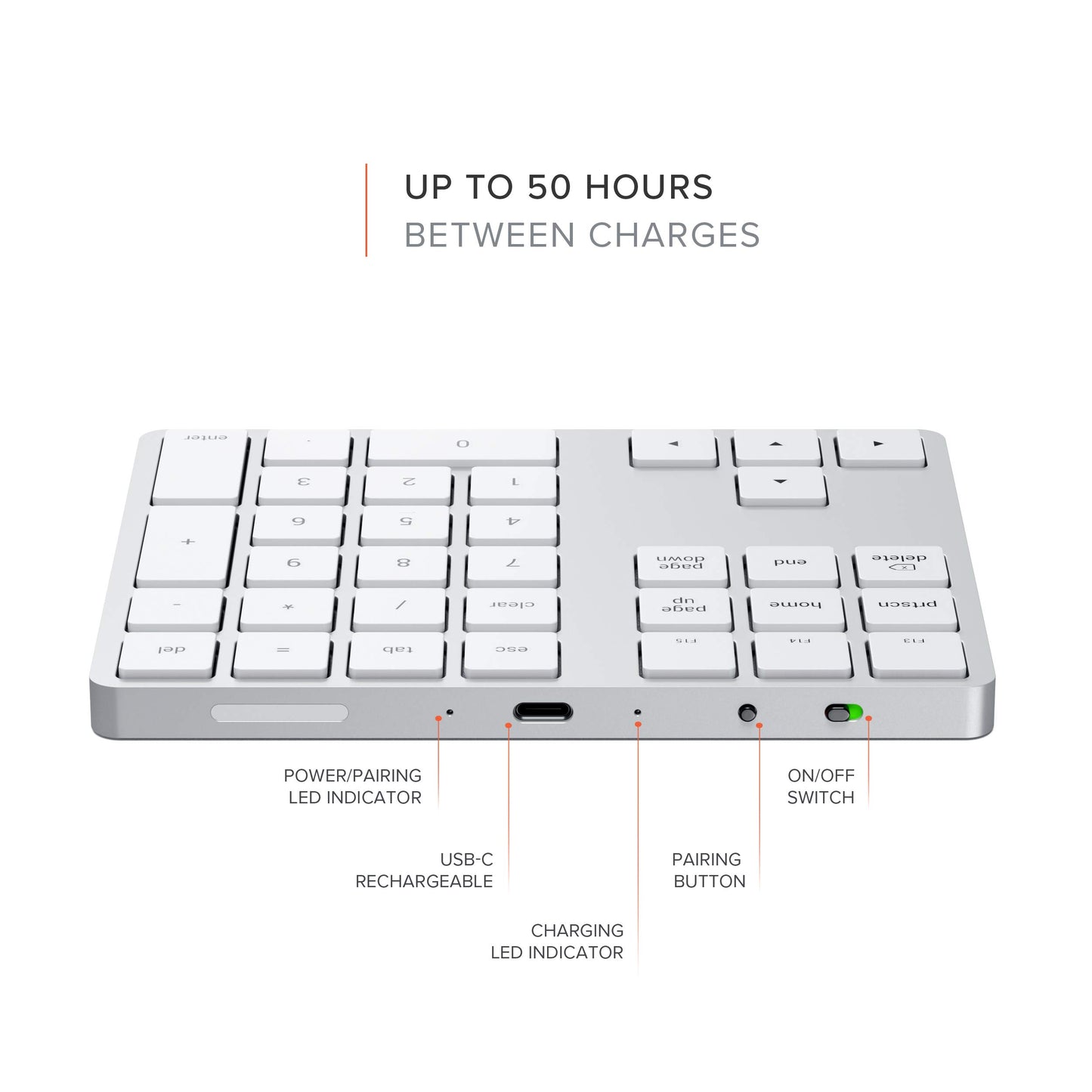 Satechi Clavier Numérique sans Fil Bluetooth de 34 Touches, US Disposition – Batterie Rechargeable et en Aluminium – pour MacBook Pro/Air, Mac Mini, iMac, iPad, iPhone et Plus - US Anglais, Argent