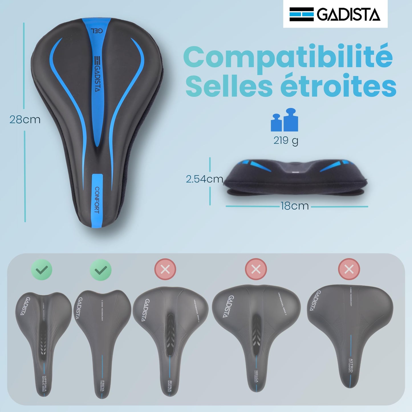 GADISTA France - Housse de Selle de Vélo en Gel, Couvre Selle Velo Ultra Confortable pour VTT, Vélo de Route, E-Bike, et Vélo Spinning - Hommes et Femmes