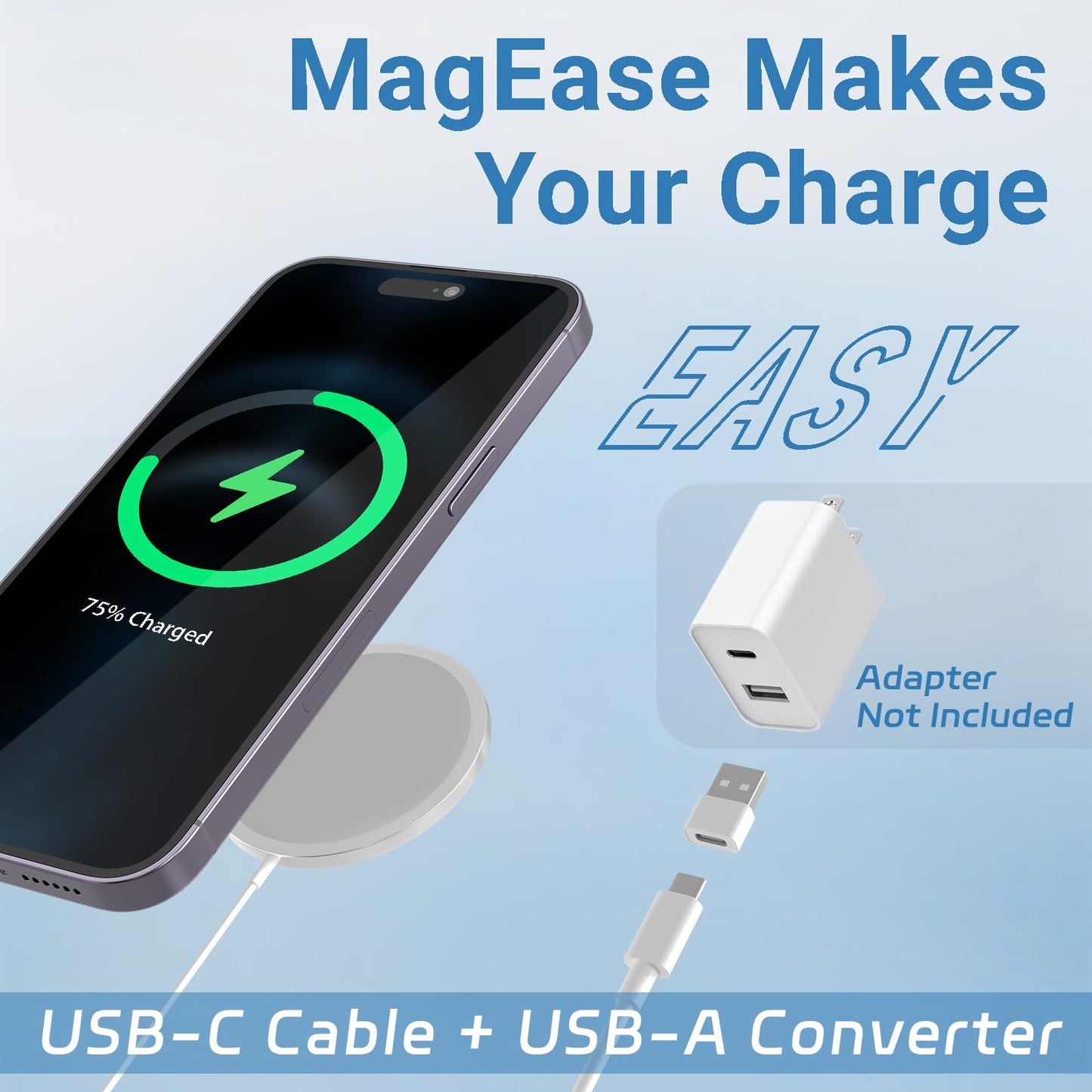 Chargeur sans Fil pour iPhone 15W, Chargeur Rapide Compatible avec MagSafe pour iPhone, Chargeur Magnétique vers USB‑C pour iPhone 16/15/15 Pro/15 Pro Max/14/13/12/11/X/XS/XR/AirPods 2-Blanc