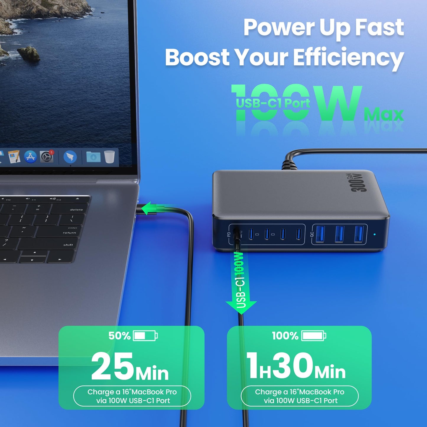 300W Chargeur USB C avec 8 Ports GaN Ⅳ Tech, 100W Chargeur Rapide PD QC PPS Prise USB C Multiple Station de Charge Compatible avec MacBook Pro/Air Laptop, iPhone, iPad Pro, Galaxy, SteamDeck-Noir