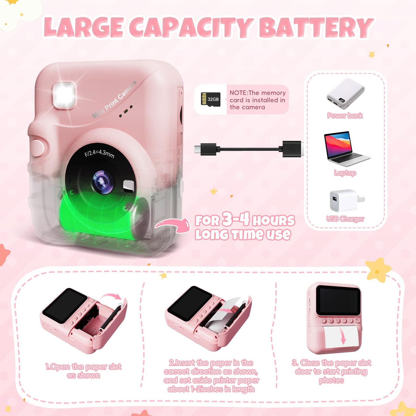 CalineGam Appareil Photo Instantané Enfant, 3,0 Pouces Écran HD 48MP Appareil Photo Enfants avec Carte 32 Go, 1080P Appareil Photo Jouet Cadeau pour Garçons Filles de 3 à 12 Ans (Rosa)