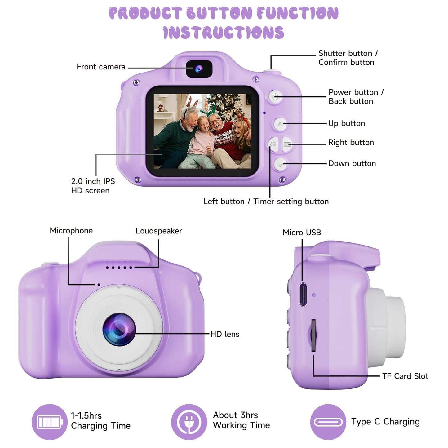 Appareil Photo pour Enfants, 2.0 Pouces Enfant Appareil Photo Numérique, Mini Caméra Rechargeable Caméscope Cadeau Jouet Filles Garçons de 3 à 10 Ans, vidéo HD 1080p, 32G SD Carte