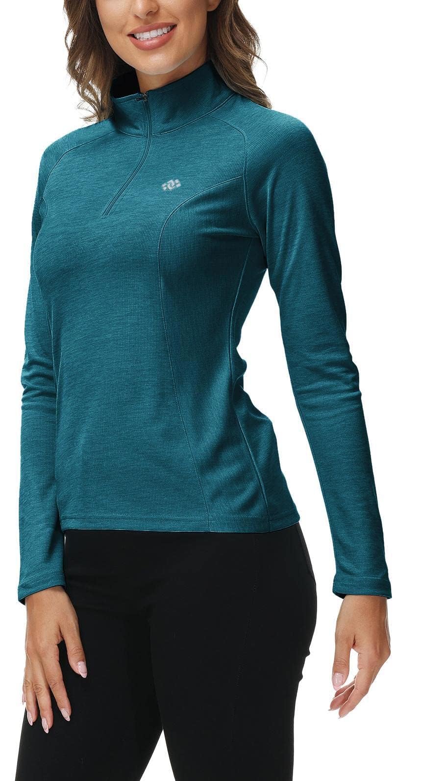 AjezMax Femme Shirt de Running Manches Longues - Vêtement de Sport Hiver Mi-Zippé Bleu mer M