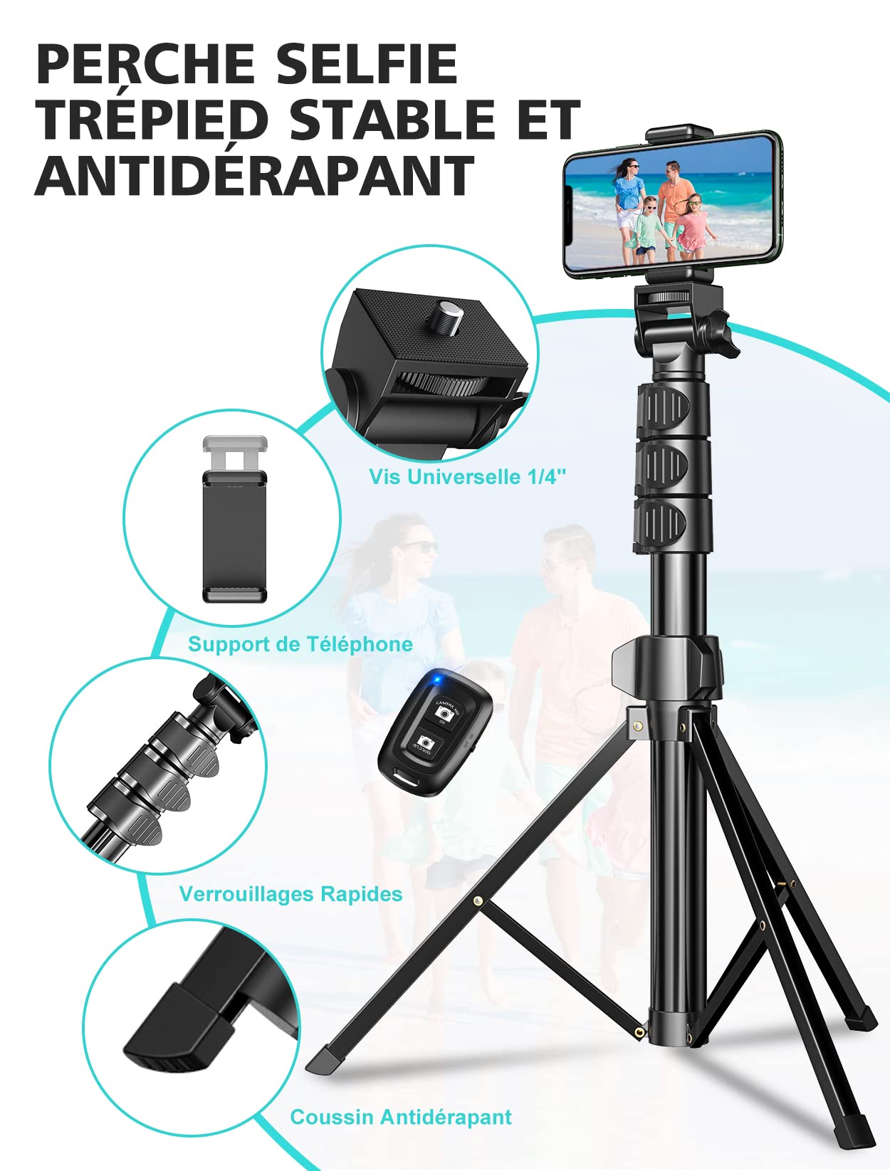 CIRYCASE Trépied Smartphone, 142cm Extensible Perche a Selfie Monopods Trepied Aluminium avec Télécommande Bluetooth & Support de Téléphone Universel Compatible avec iPhone, Appareil Photo et Gopro