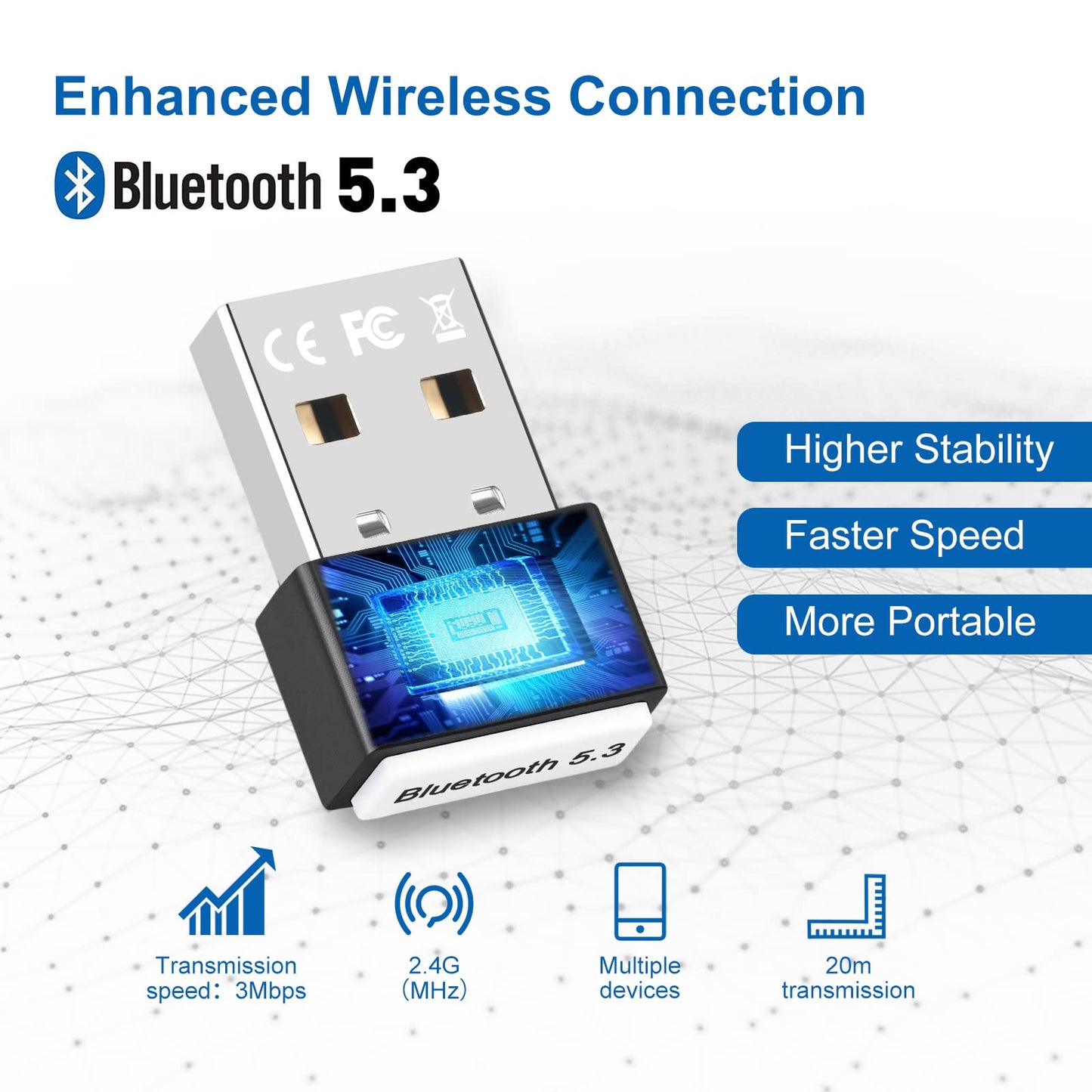 Dongle Bluetooth 5.3, Cle Bluetooth pour PC Faible Latence Compatible avec Windows 11/10/8.1/7, Supporte Casque, Souris, Manette, Clavier, Imprimantes, PC, Smartphone, Tablette USB