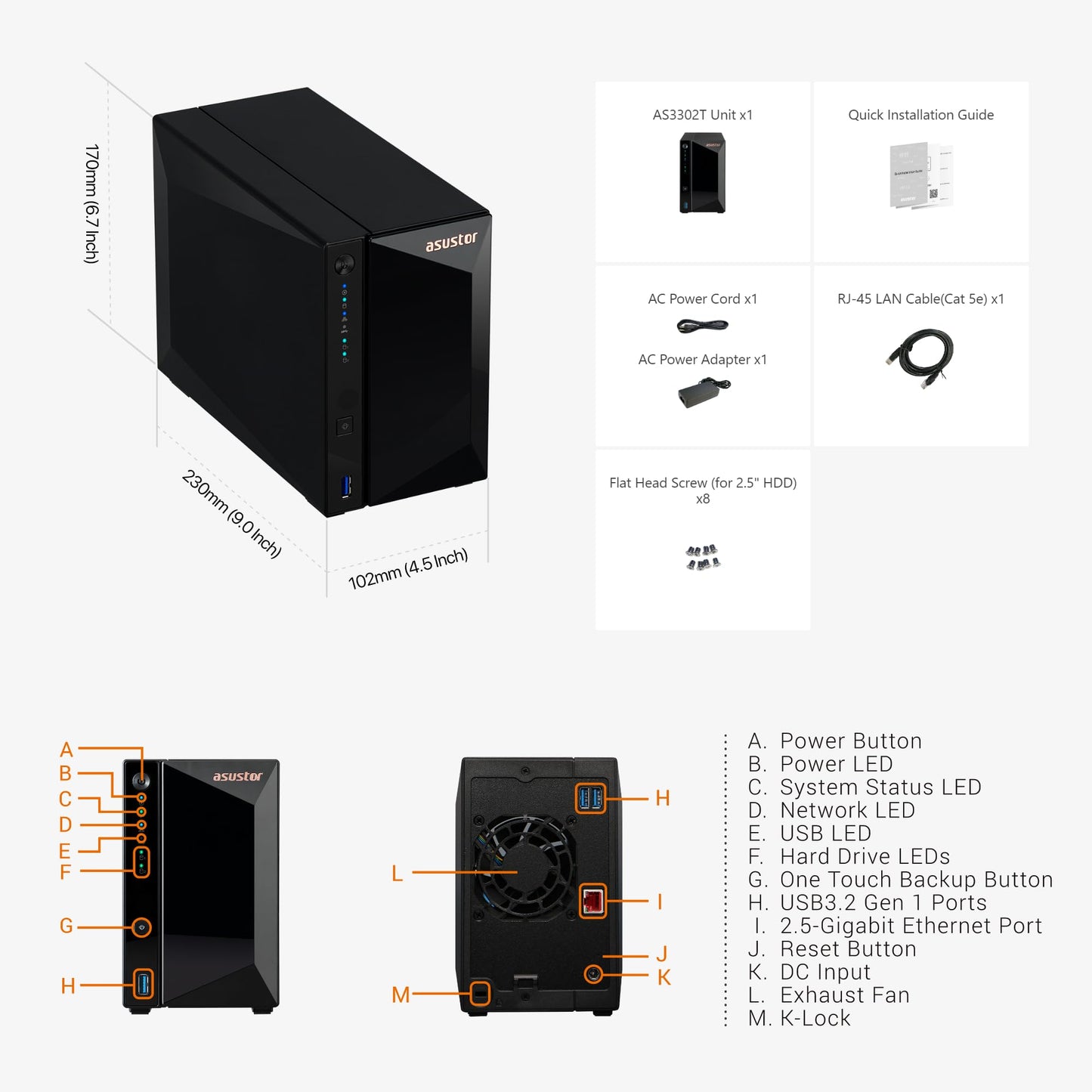 Asustor Drivestor 2 Pro Gen2 AS3302T v2 Boîtier de Stockage réseau NAS à 2 Baies, 1,7 GHz Quad-Core, Port 2,5 GbE, 2 Go de RAM DDR4, Stockage réseau connecté pour Stockage Cloud (diskless)