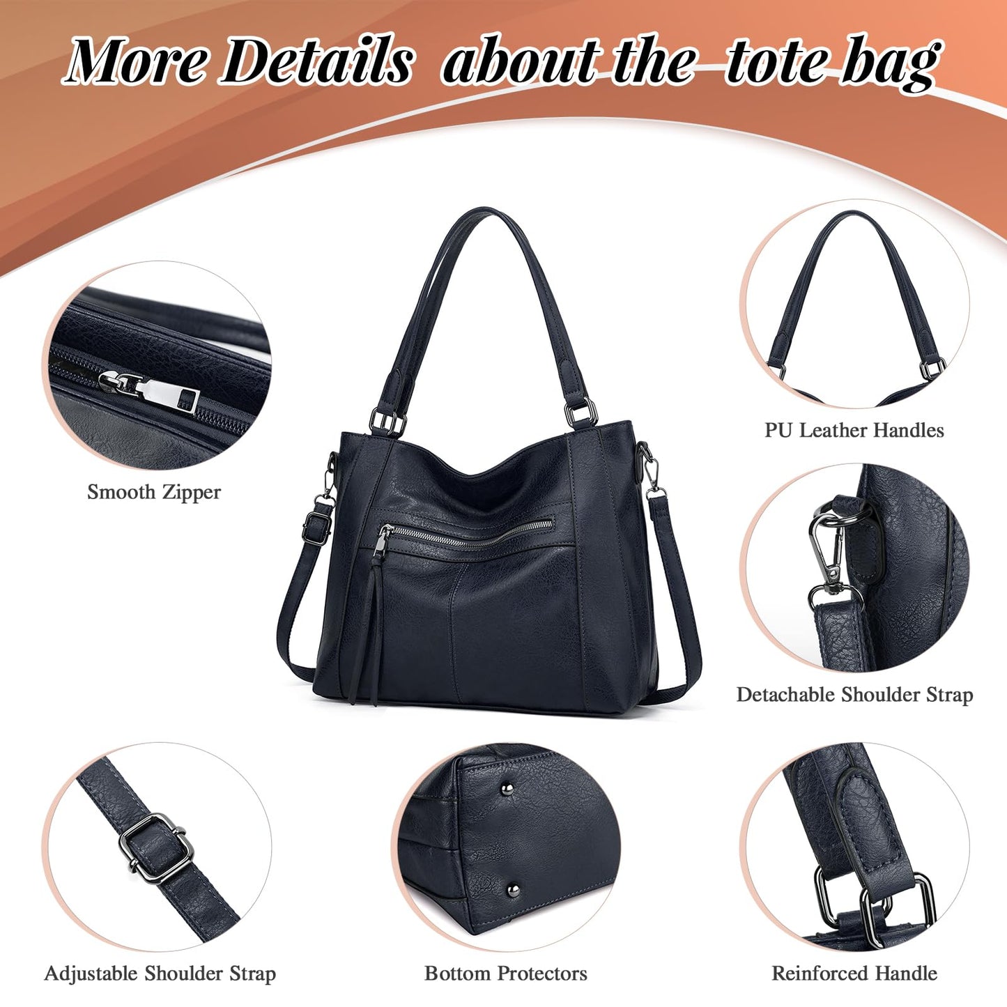 BAIGIO Sac a Main Grand Cuir PU Sac Hobo Sac Cabas Femme Sac Bandoulière Fourre Tout Messenger et Portefeuille Ensemble pour Travail Shopping Party Voyage