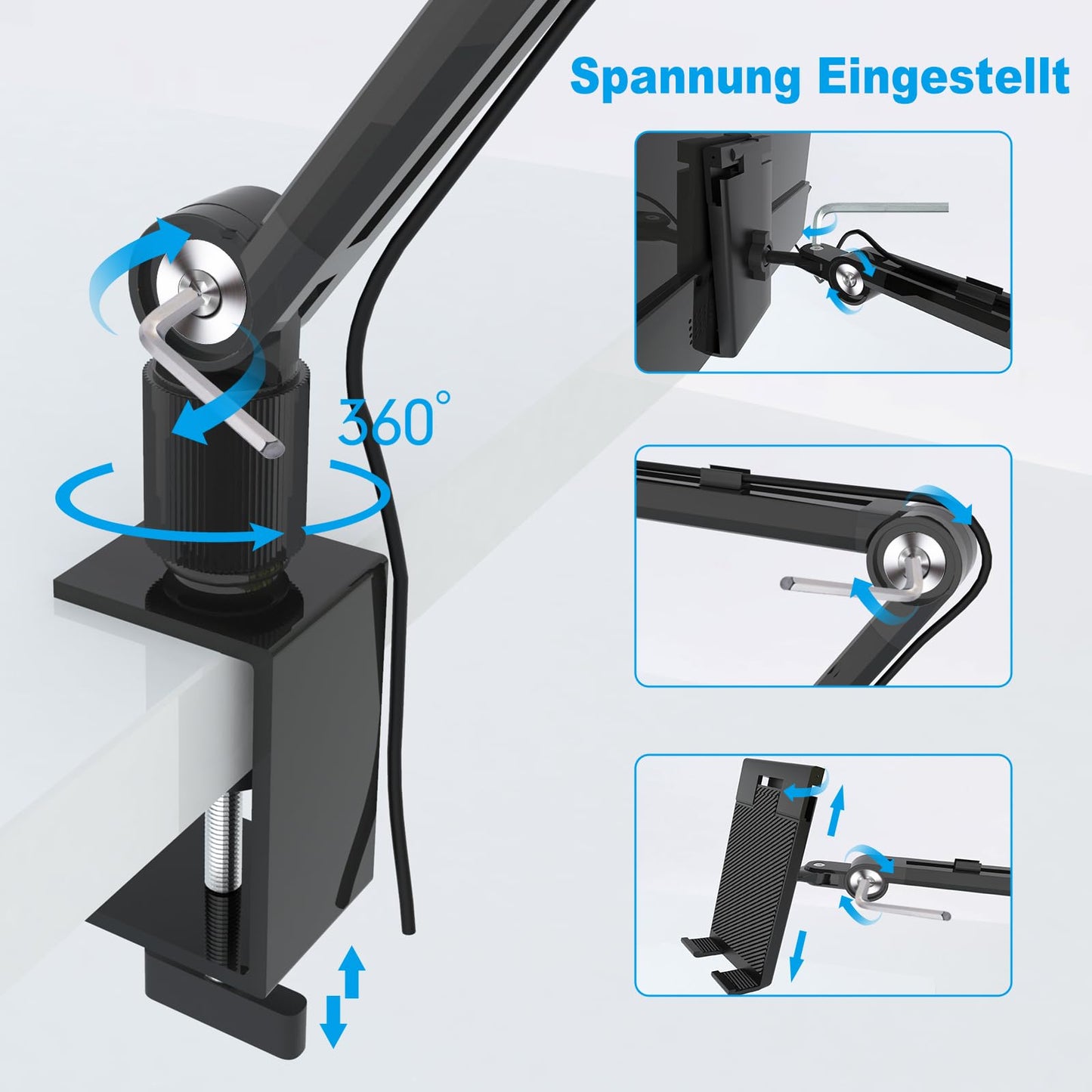 MSDONG Support de tablette pour iPad, portable, support de bureau pour écran de 15,6 à 16 ", manches longues en aluminium avec base rotative à 360 °, compatible avec écran de 4,7 à 16", iPad, Kindle