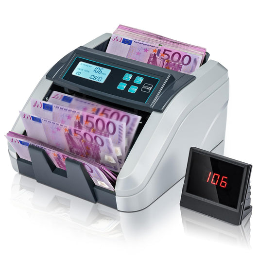 MUNBYN IMC51 Machine à compter l'argent, Compteur de billets en mode ajout+lot, Détection UV/MG/IR, Compteur de billets en EUR uniquement, 1100 billets/min, Affichage LCD, 2 ans de garantie (Gris)