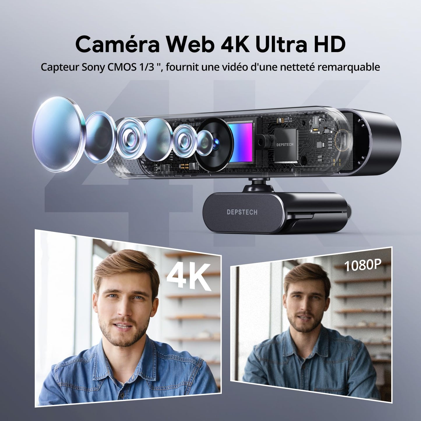 DEPSTECH DW50 Pro Webcam 4K, Ultra HD Webcam pour PC, Zoom Avant 3X, Capteur 1/2.55", Double Micro Antibruit, Télécommande, Caméra Streaming Autofocus pour Portable Mac, Teams, Skype, Appel Vidéo