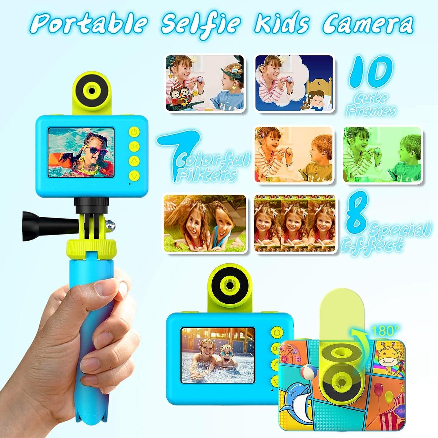 Appareil Photo Enfant Étanche, Rotative à 180° Appareil Photo Numérique pour Enfants,12M/1080P Caméra Vidéo d'action sous-Marine Enfants avec Carte SD 32GB pour 3-12 Ans Filles & Garçons Cadeau-Bleu