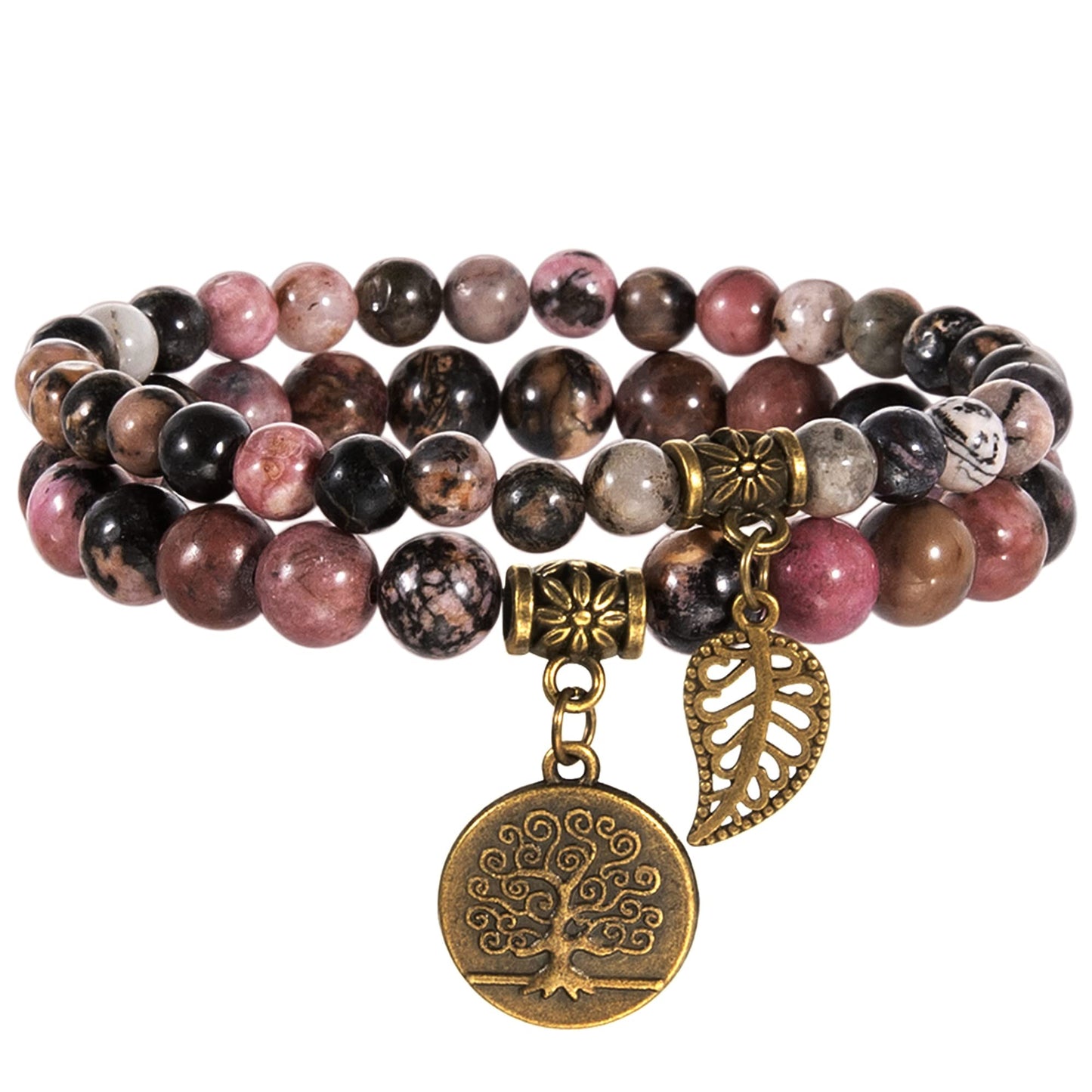 Farfume Bracelet En Pierre Naturelle - Bracelet Perles Naturelles Femme-Ensemble De Deux Bracelets Avec Accessoires Arbre De Vie Et Feuille(Moyen 18,5 cm Perles de Rhodonite (Pardon))