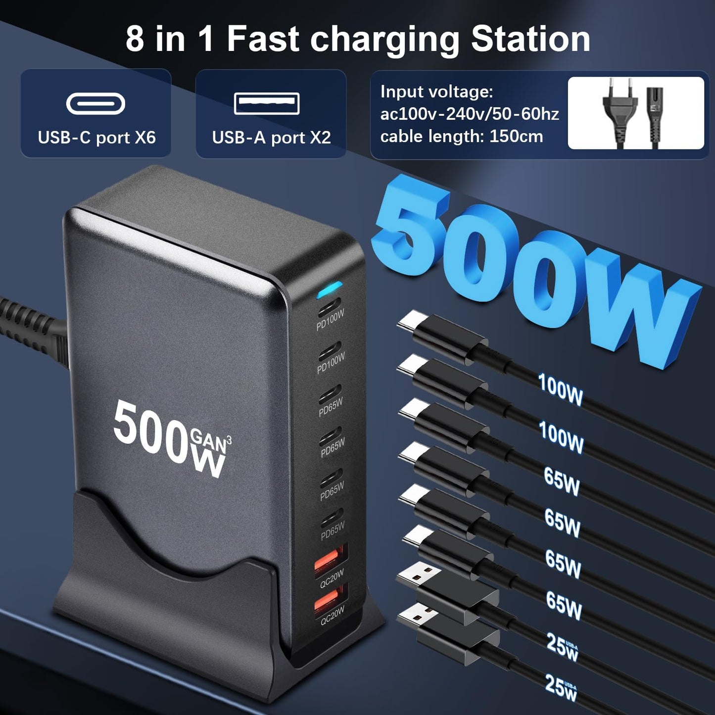 500W Chargeur USB C,8 Ports Multiple GaN Chargeur Secteur avec 6 USB-C et 2 USB-A,Chargeur Rapide Station de Charge Adaptateur Compatible avec MacBook Pro/Air Laptop,iPhone,iPad Pro,Galaxy,SteamDeck