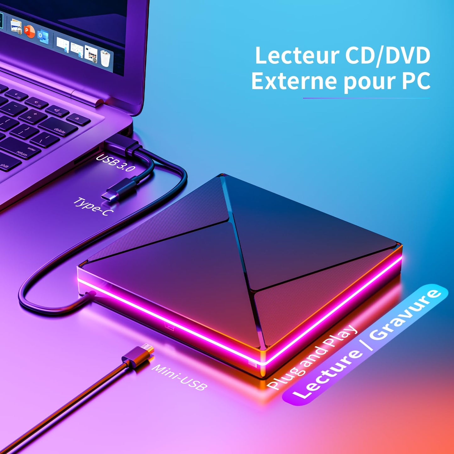 Lecteur CD/DVD Externe pour PC, USB 3.0 et USB-C Graveur DVD Externe avec RGB, Portable CD/DVD -/+RW Drive, Mince DVD Player Transmission Rapide Câble USB Intégrée pour Windows/MacOS/Laptop/Desktops