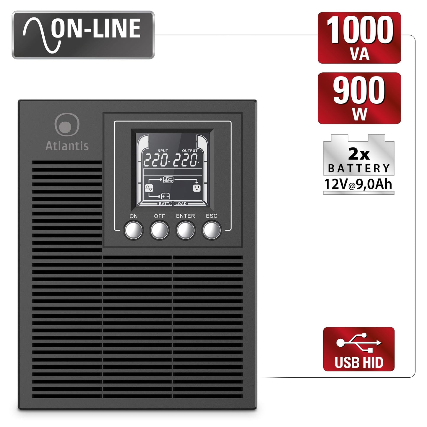 Atlantis A03-OP1002 Onduleur (UPS) Online Double Conversion et Pure sinusoïde avec Une Puissance de 1000VA 900W, Tour, écran LCD, USB, RS-232 série, 4 Sorties IEC, Port EPO, Slot SNMP, 2x12V-9Ah