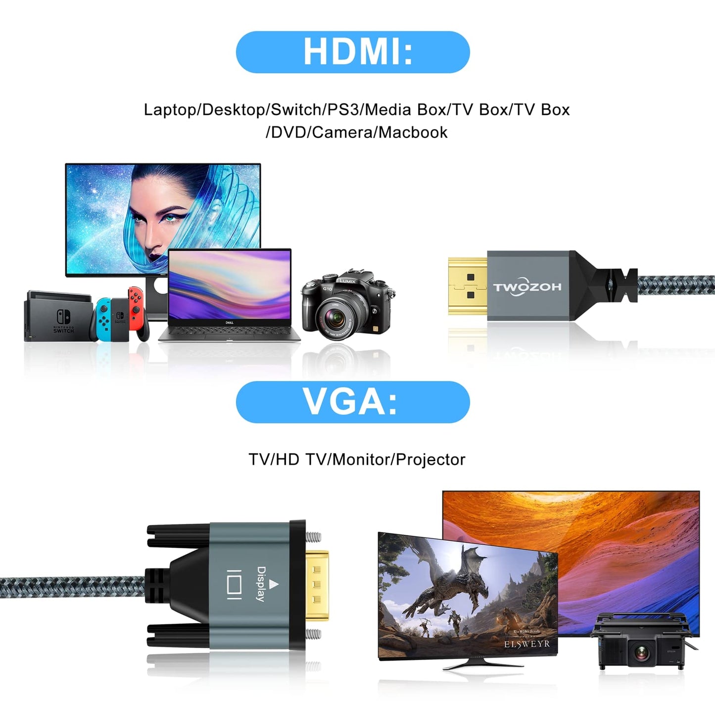 Twozoh Câble HDMI vers VGA 1M, Coque en alliage d'aluminium en nylon tressé et support plaqué or 1080P/60Hz