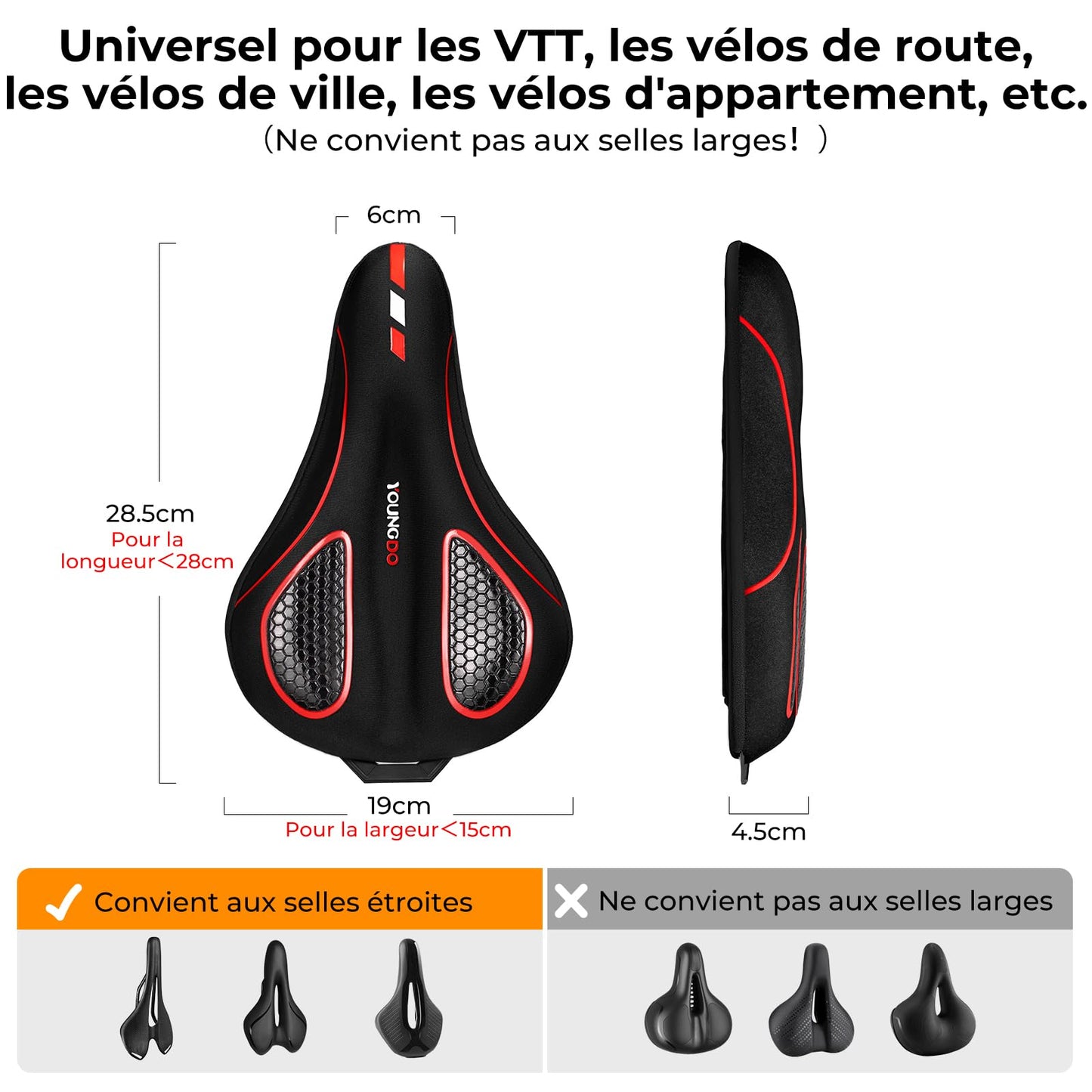 YOUNGDO Housse de Selle de Vélo, Couvre Selle Velo Gel, Housse Selle de Velo Ultra Confortable pour VTT, Vélo de Route, E-Bike etc, pour Hommes et Femmes