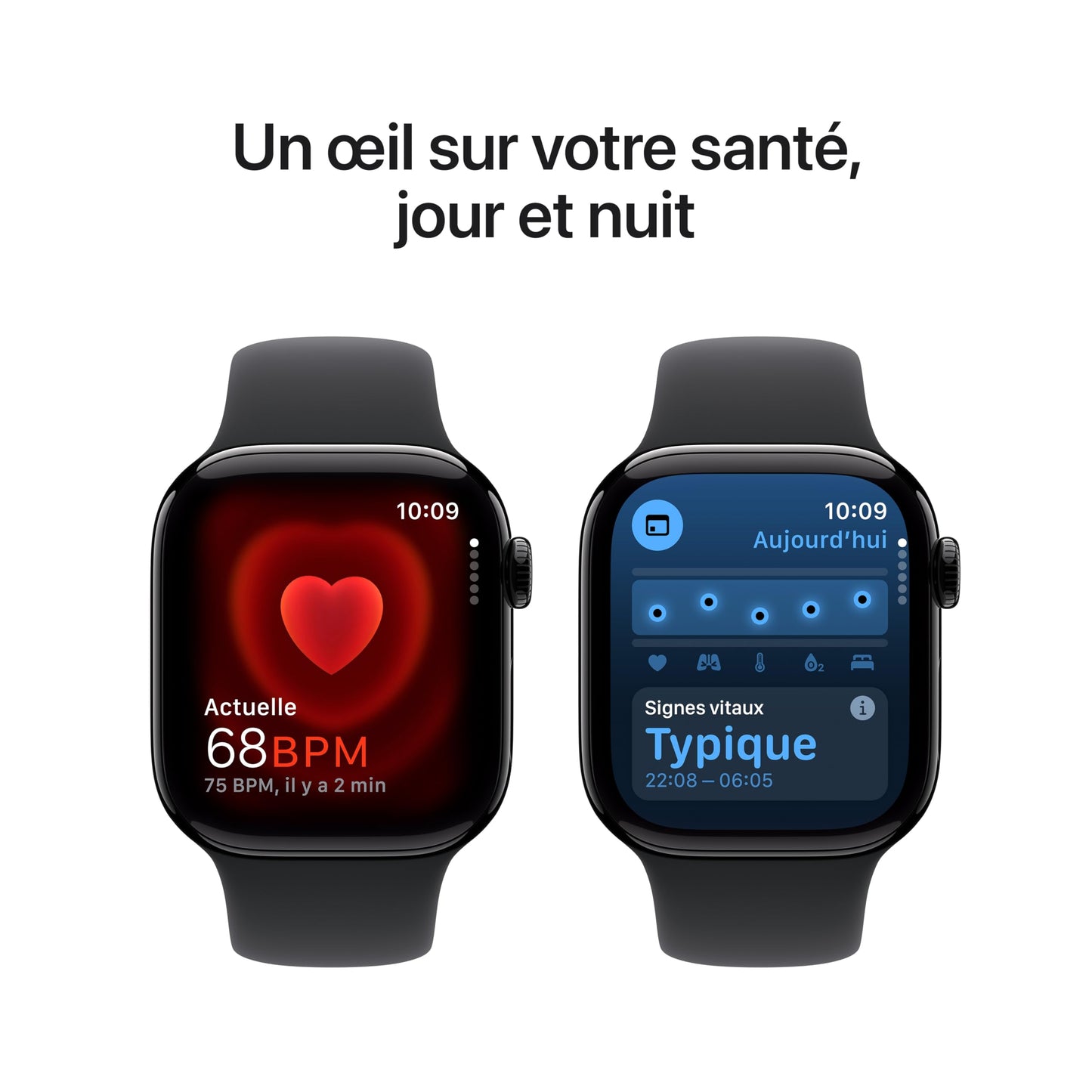 Apple Watch Series 10 (42 mm GPS) Montre connectée avec Boîtier en Aluminium Noir de Jais et Bracelet Sport Noir (S/M). Suivi de l’activité Physique, app ECG, écran Retina Toujours activé