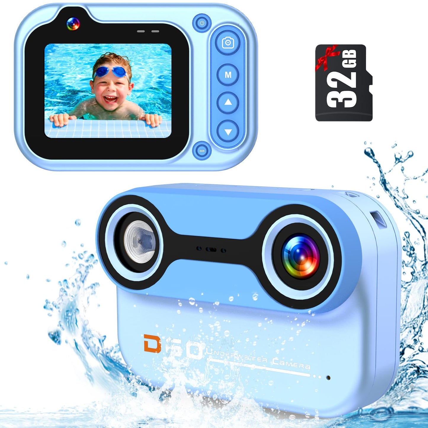 Appareil Photo Numérique Etanche 10FT 1080P Full HD 26MP Camera Etanche, 10X Zoom Numérique Caméras Étanches pour Plongée en Apnée, Selfies sous-Marins, Natation, Plage, Parc Aquatique - Bleu