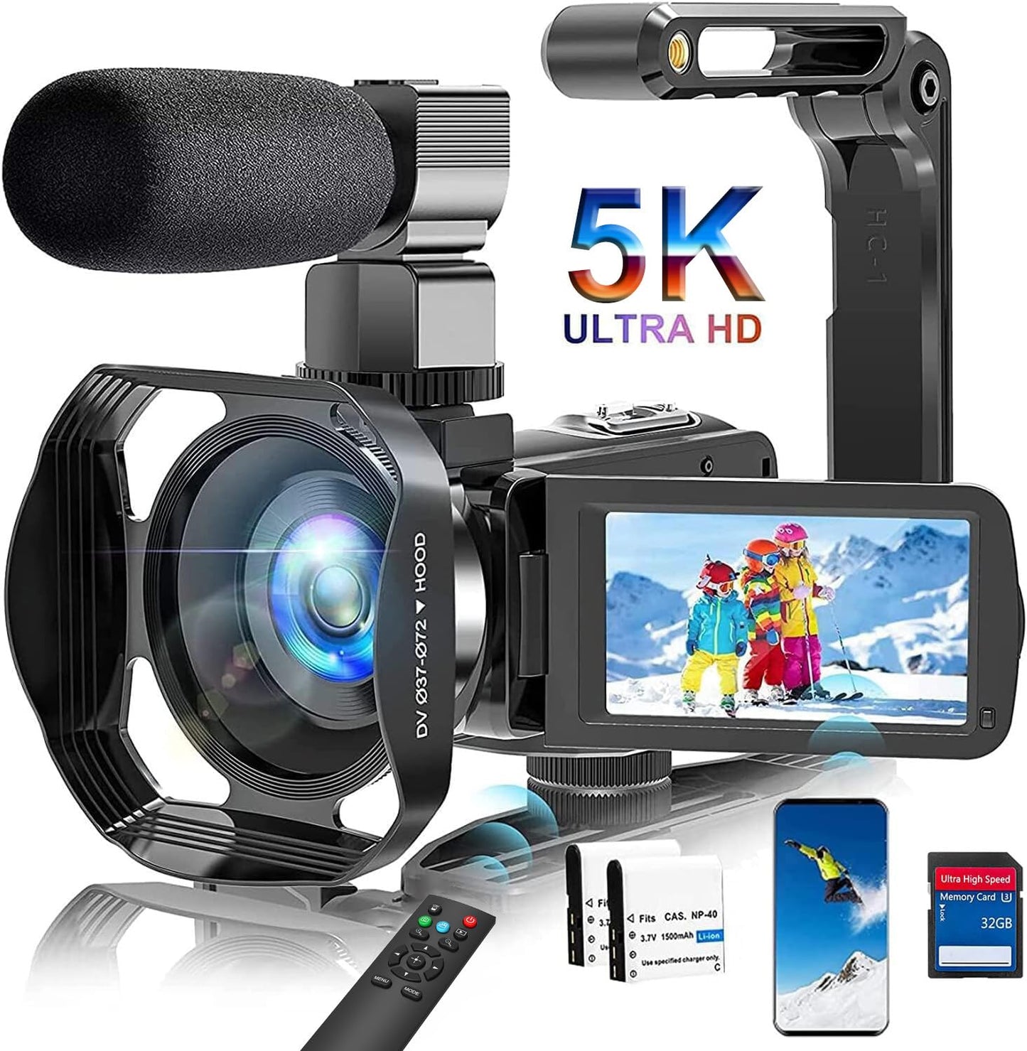 Caméscope 5K 64MP Caméra Vidéo Zoom Numérique 18X WiFi Webcam,à Vision Nocturne IR Caméra pour Youtube,30FPS Vlogging Caméra de à Écran Tactile HD 3" avec 2 Piles,Microphone,Télécommande 2,4G,Carte SD