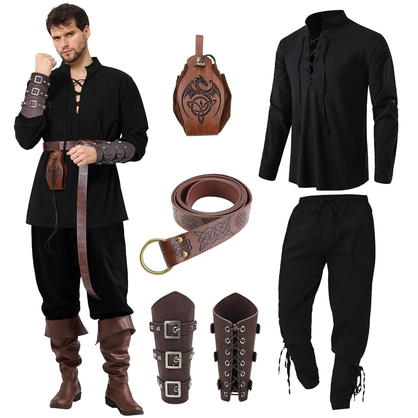 Ulikey Costume Medieval Homme, Vêtements Médiévaux Costume pour Hommes, Costumes Renaissance avec Chemise de Pirate Médiévale, Pantalon Médiéval Accessoire pour Homme (Noir, S)