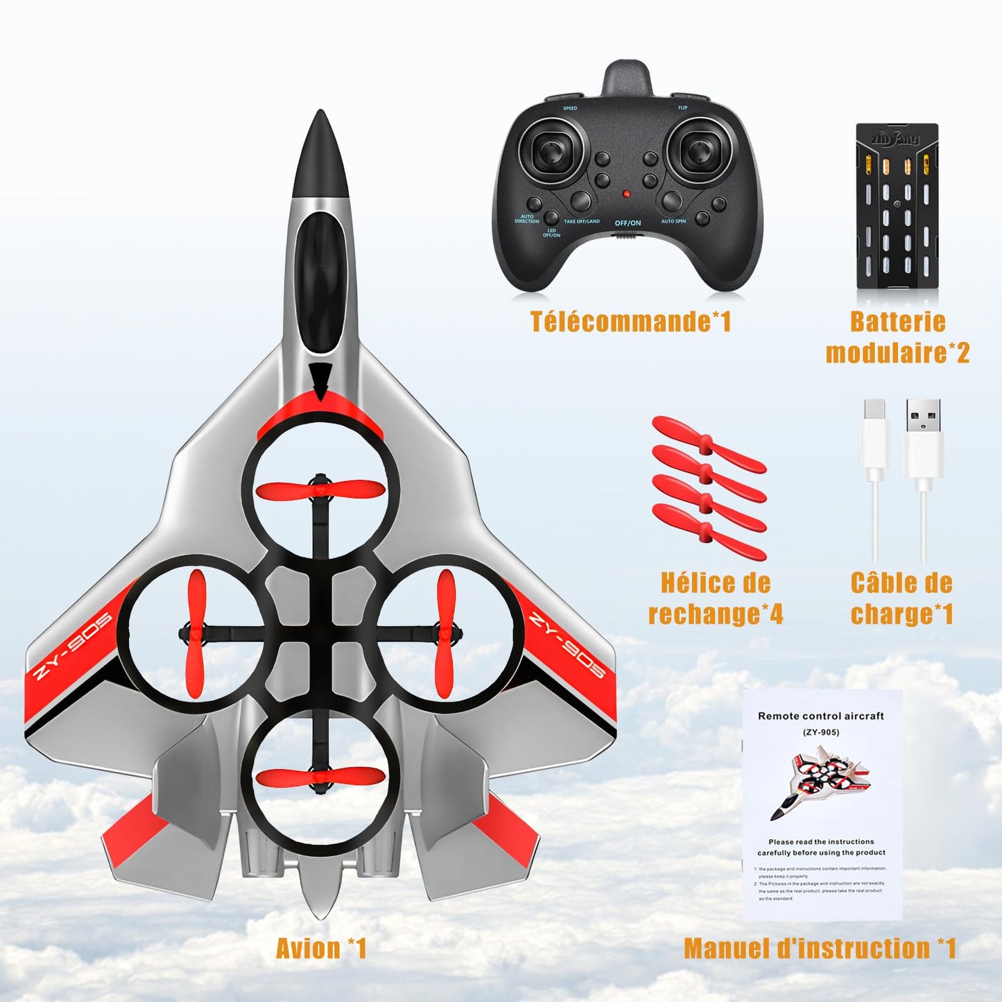 JONRRYIN Avion Télécommandé, 2,4 GHz Avion RC avec LED, Avion Radiocommandé pour Enfants avec Gyroscopique à 6 Axes, Planeur Volant Jouet pour Enfants Adult Anniversaire Noël Fête Cadeaux (Argent)