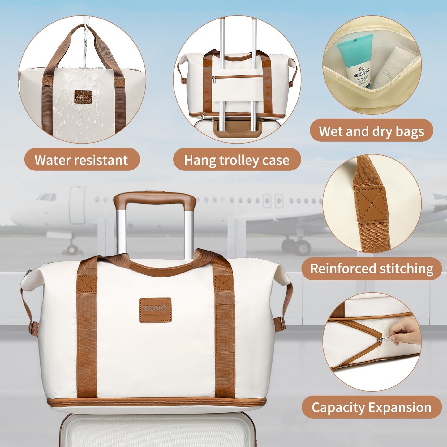 Kono Set de 6 Valises de Voyage Rigide Ensemble de Valise (55/65/74cm) à 4 roulettes avec Portable Vanity Case et Pliable Sac de Voyage pour Sport avec Trousse de Maquillage, Blanc Crème