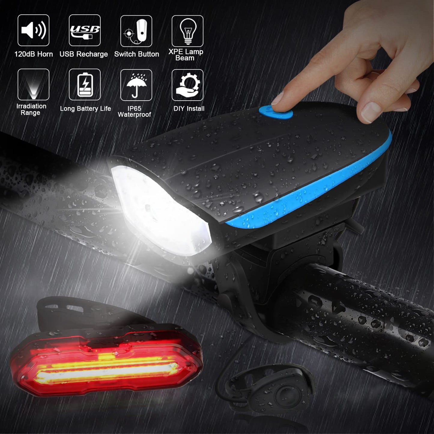 Lumiere Velo Avant et Arriere Lampe Velo LED Puissantes avec Buzzer Eclairage Velo USB Rechargeable Lumière Vélo Étanche IP65 Phare de Vélo 3 Modes et Feu Arriere Velo 5 Modes Accessoires Velo