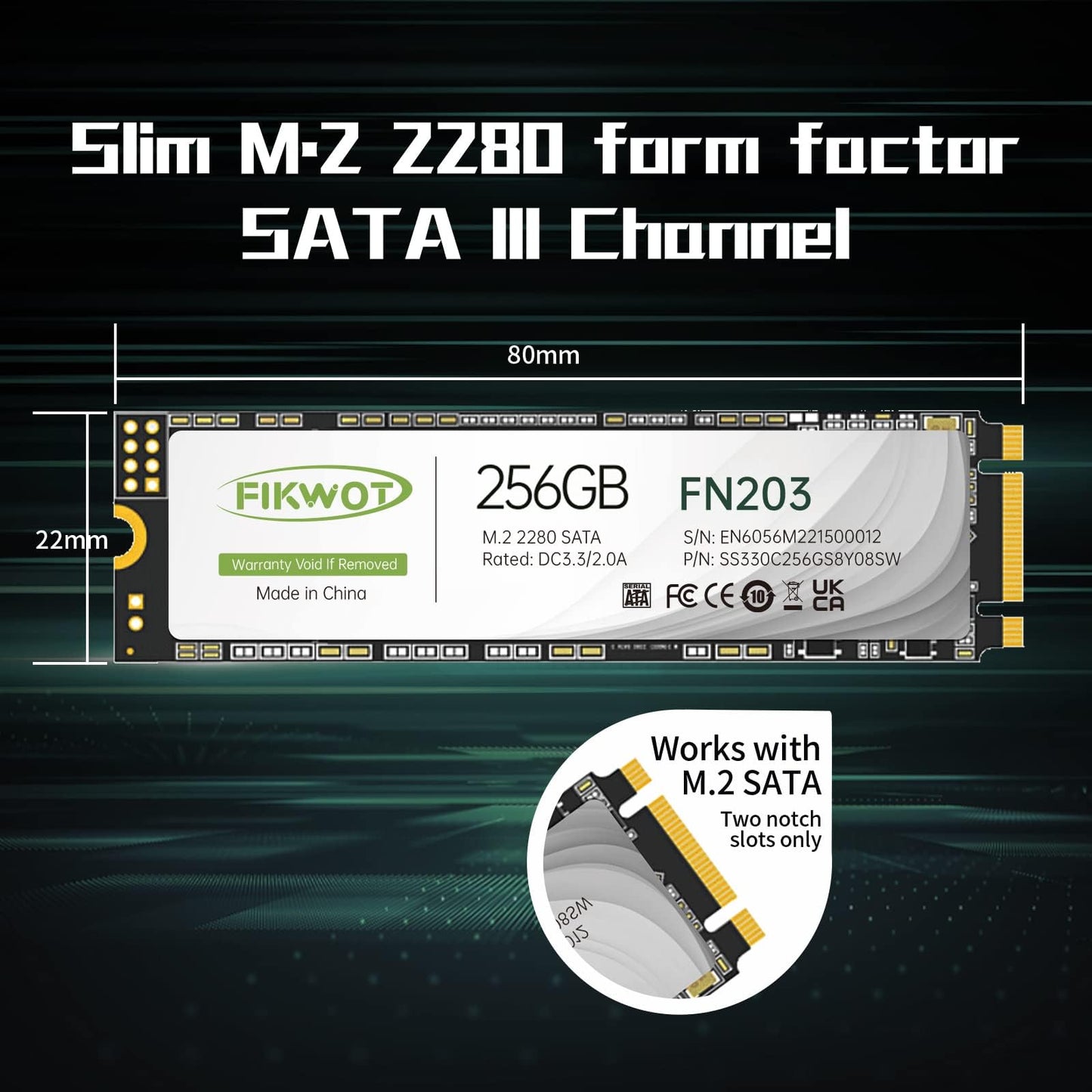 Fikwot FN203 256Go M.2 SATA SSD - SLC Cache 3D NAND TLC SATA III 6Gb/s M.2 2280 NGFF Disque SSD Interne, jusqu'à 550Mo/s, Compatible avec Ultrabooks, Tablettes et Mini PCs